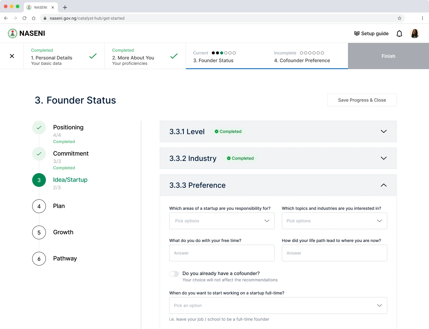 Application form broken down into sections intuitively for startup founders