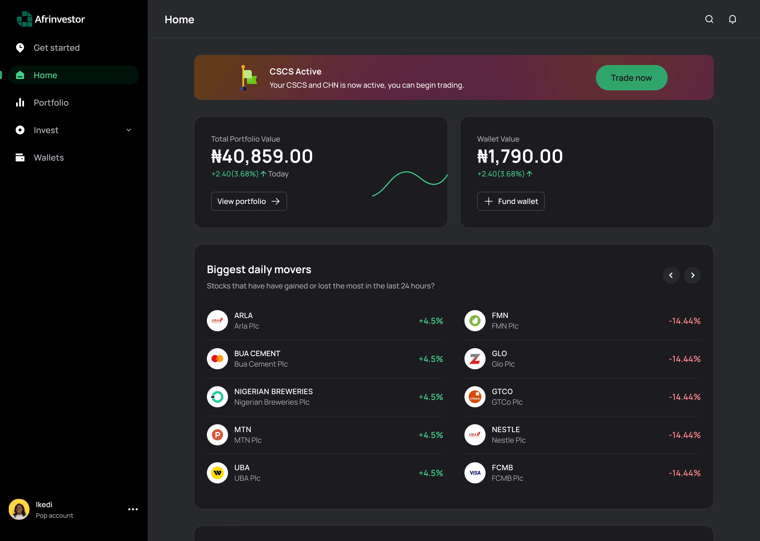 home dashboard (dark mode)