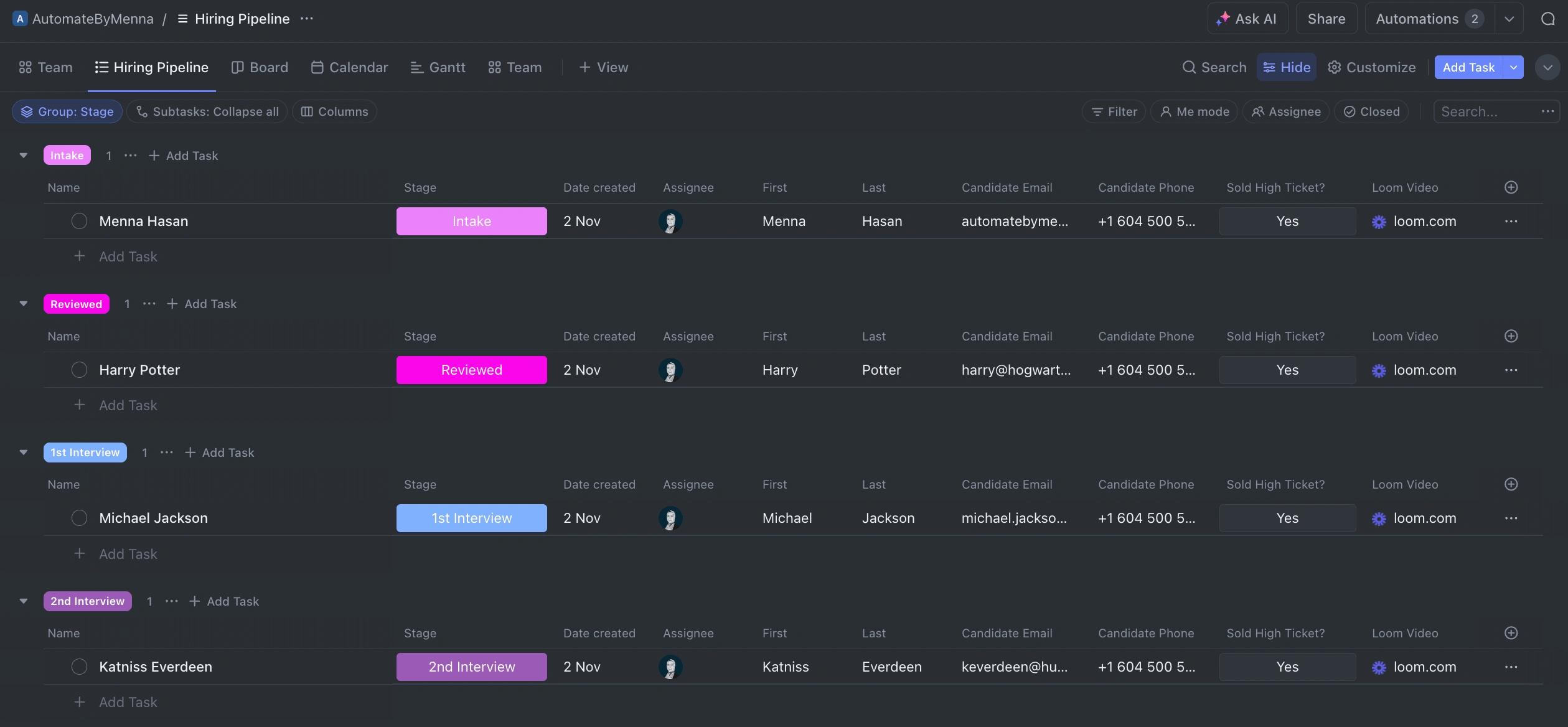 1.2 Customized Hiring Pipeline on ClickUp