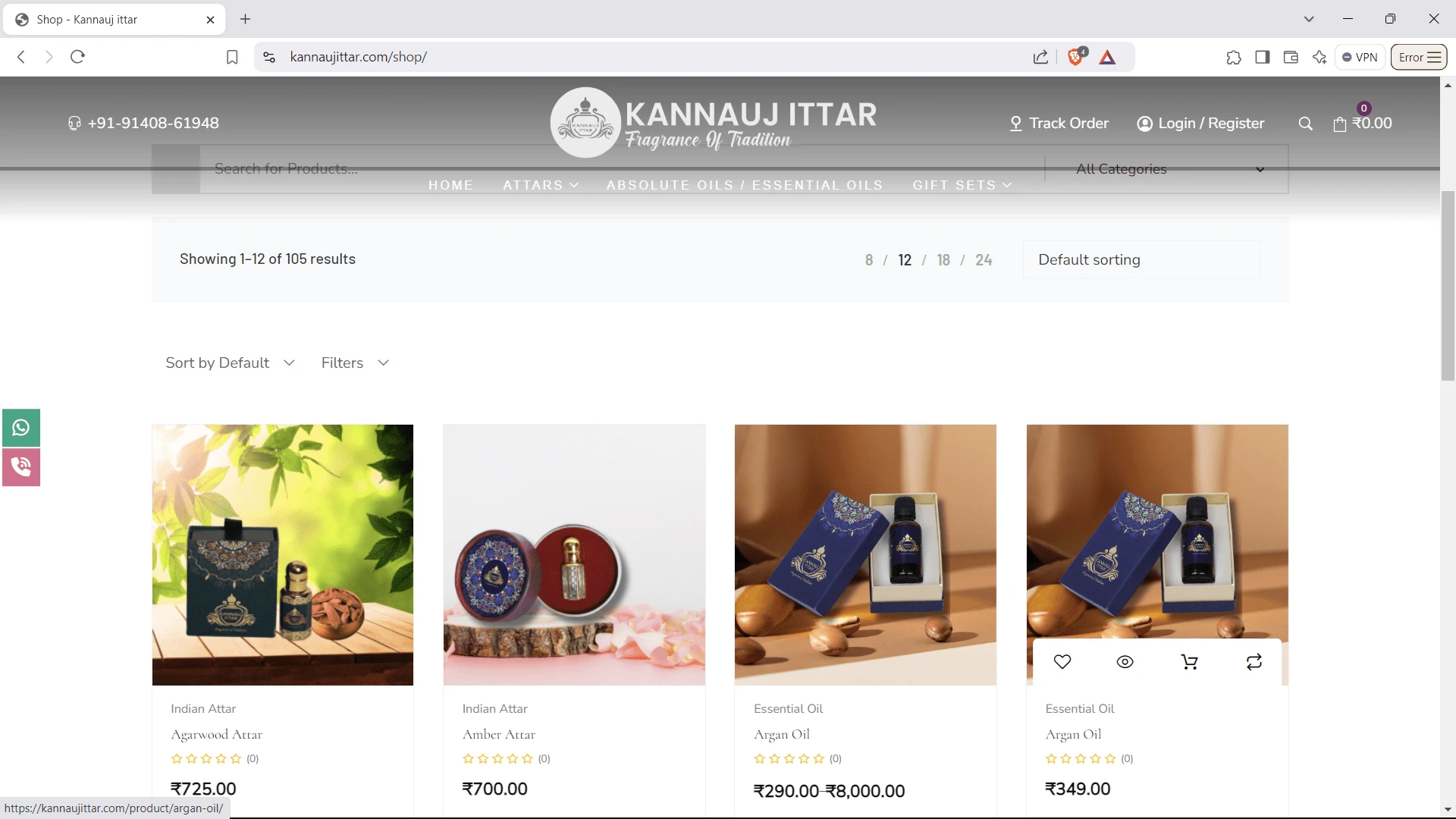 Shop Page:

Displays a list of products in a grid format with sorting and filtering options.
Clearly organized categories (e.g., Indian Attar, Essential Oil).
Product listings with images, names, and ratings for better user engagement.