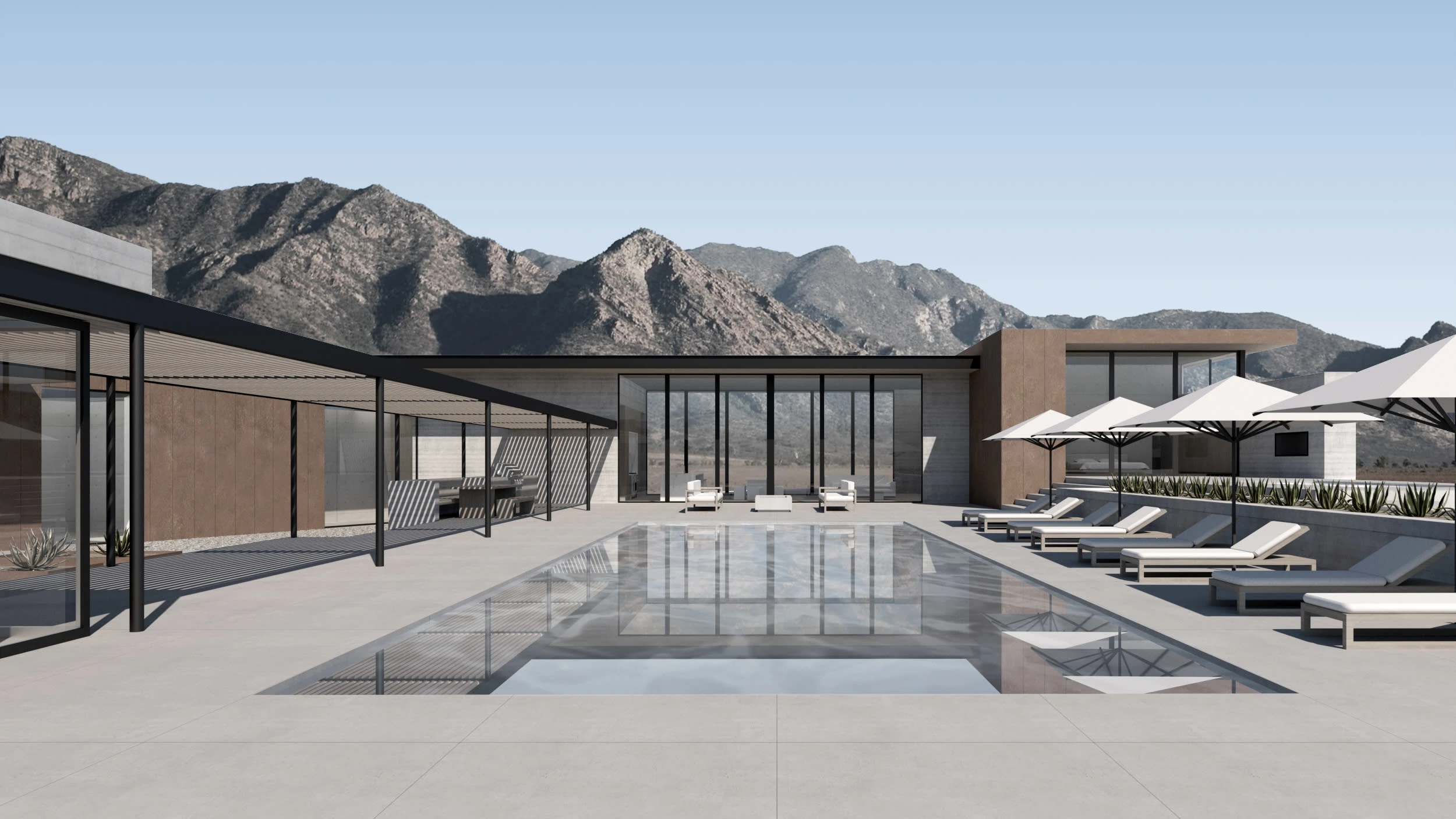 Poolside patio rendering showcasing the glass great room that opens up to the mountains. 