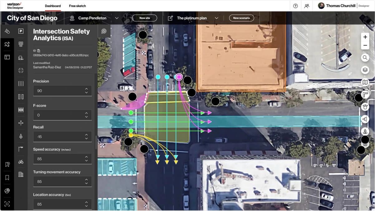 Map of a city block with diagrams for traffic, parking, and traffic flow