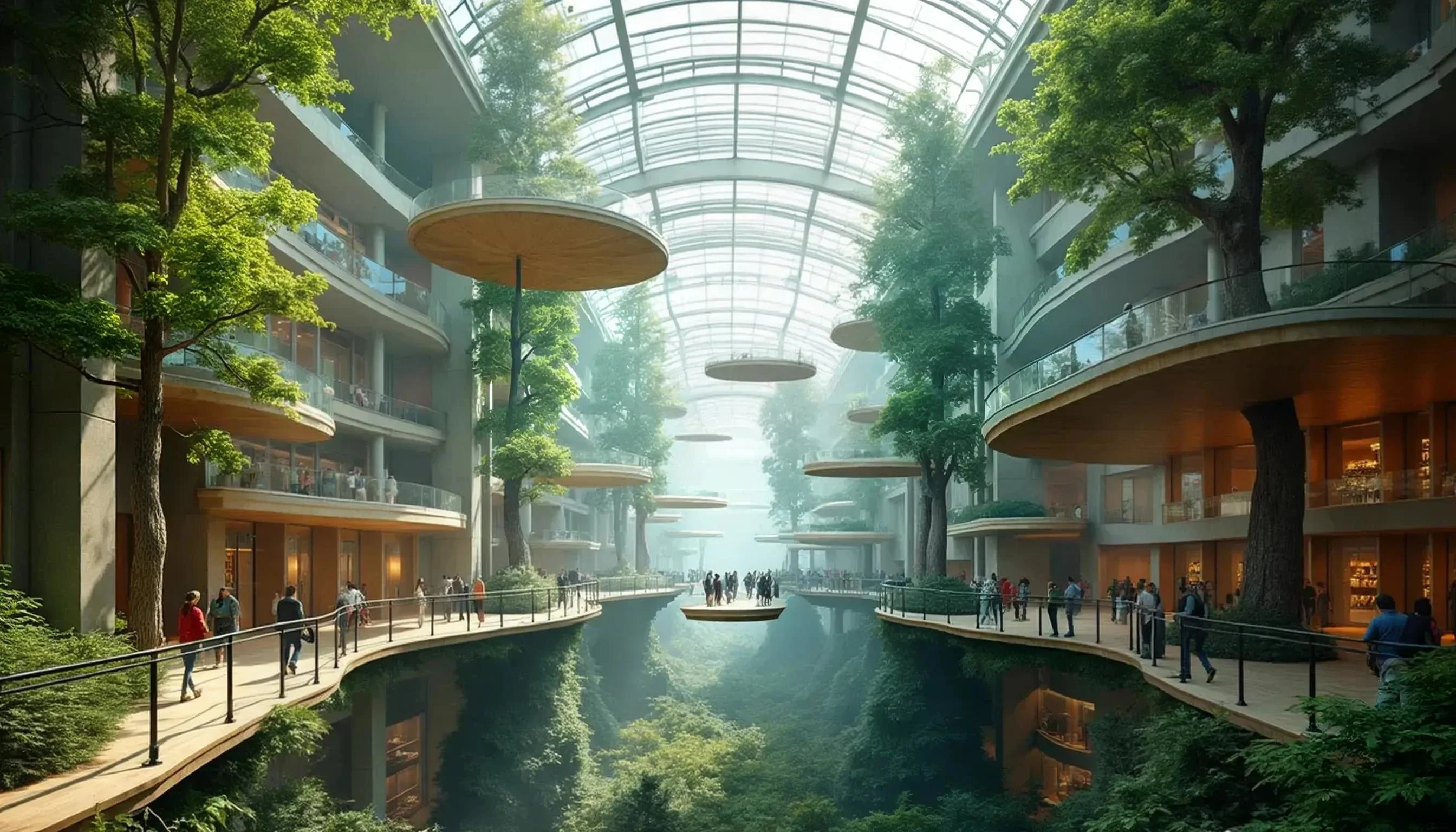 Prompt: Interior view of large-scale museum building with a large atrium and a forest in the middle with levitating platforms suspended from a glass ceiling, Image generated with: rubbrband.com