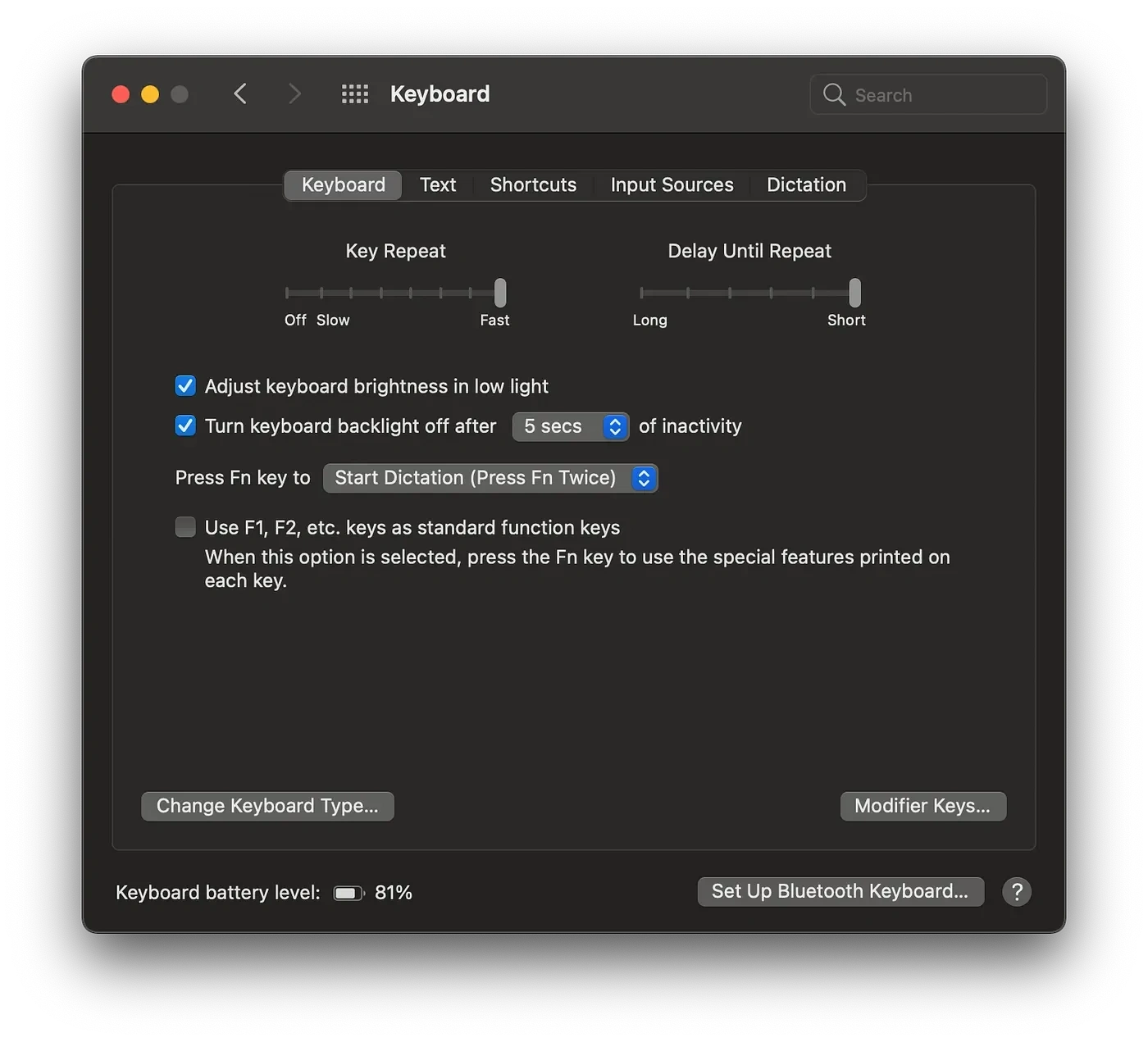 Keyboard settings window in the system preference on MacOS