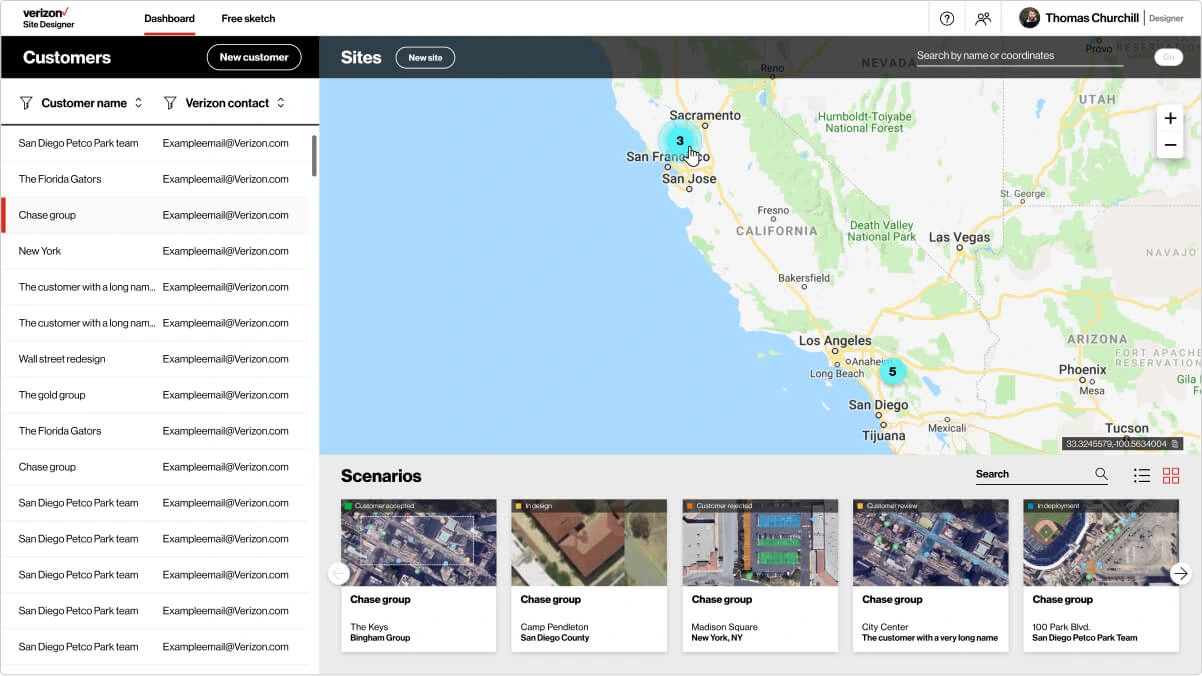 Final Design of Verizon Site Designer dashboard, showing a hierarchical layout, thumbnail previews and detailed plan views