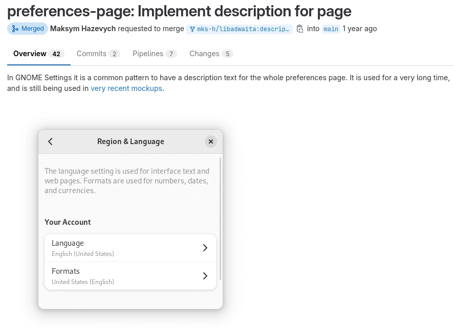 A screenshot of merged GitLab MR at libadwaita project, the title says "prefereces-pagee: Implement description for page". It has 42 items in "Overview", 2 commits, 7 pipelines, and 5 changes. It also shows part of the MR's description with a screenshot of an app.