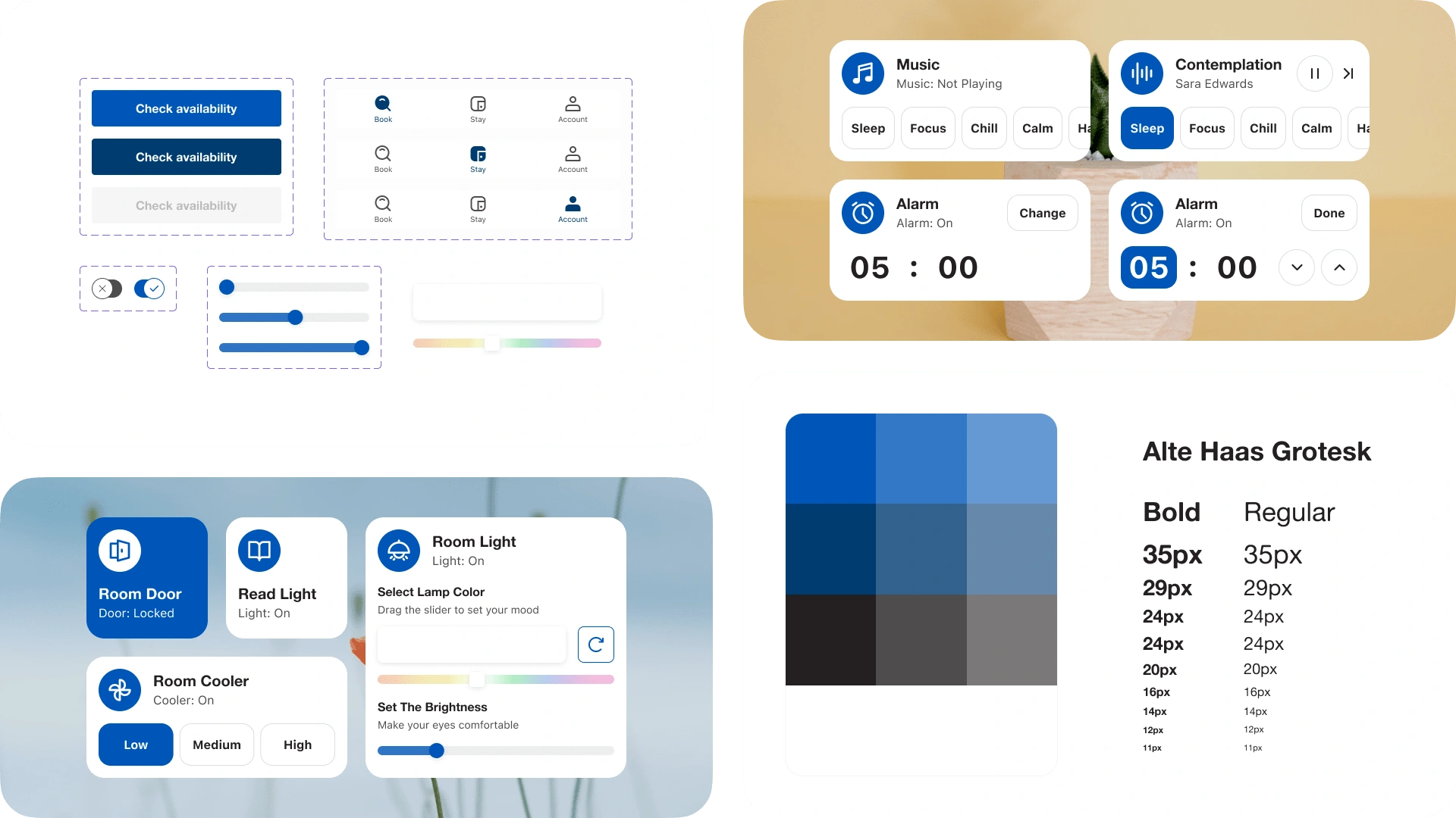 PassGo Hotel App Main Components (Top Left), In-Room Controller App Features Widgets (Top Right, Bottom Left), Style Guide (Bottom Right) Screenshots