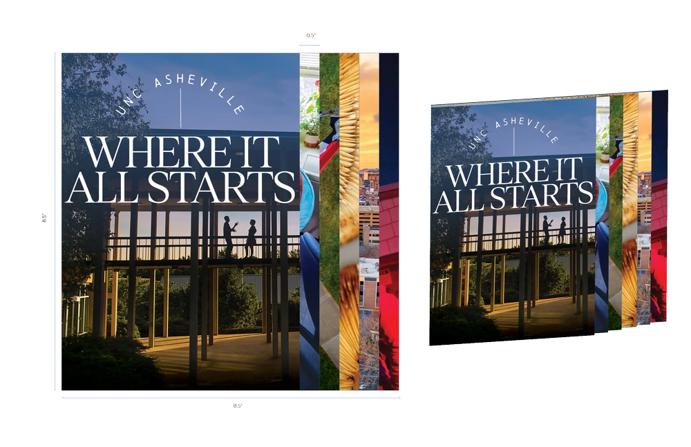 Printed with a unique layout to call attention to the vibrant photography that showcases UNC Asheville’s campus life.