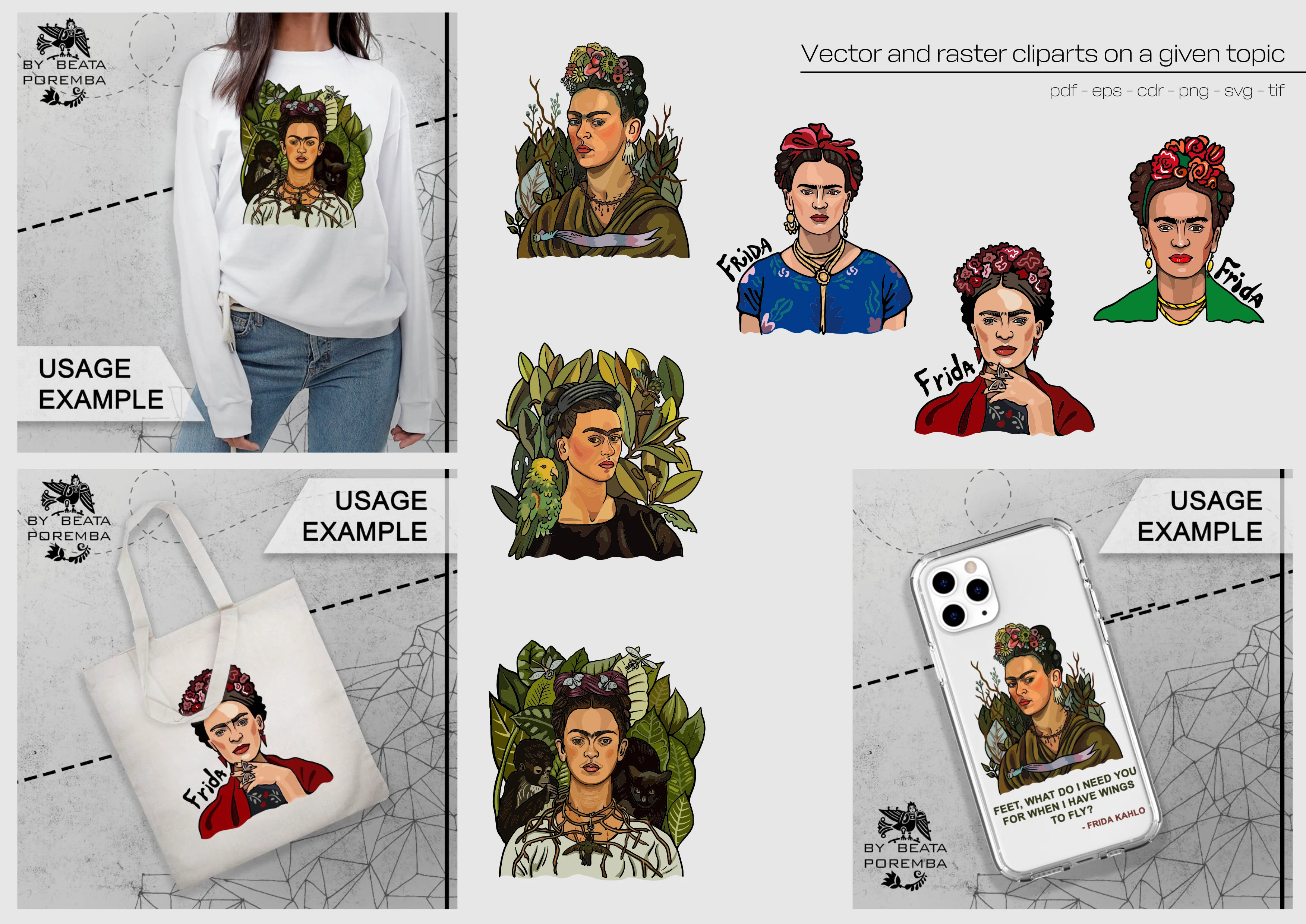 Merch design. Apparel. Frida Kahlo. Creating illustrations and examples of how to use. Mexican.