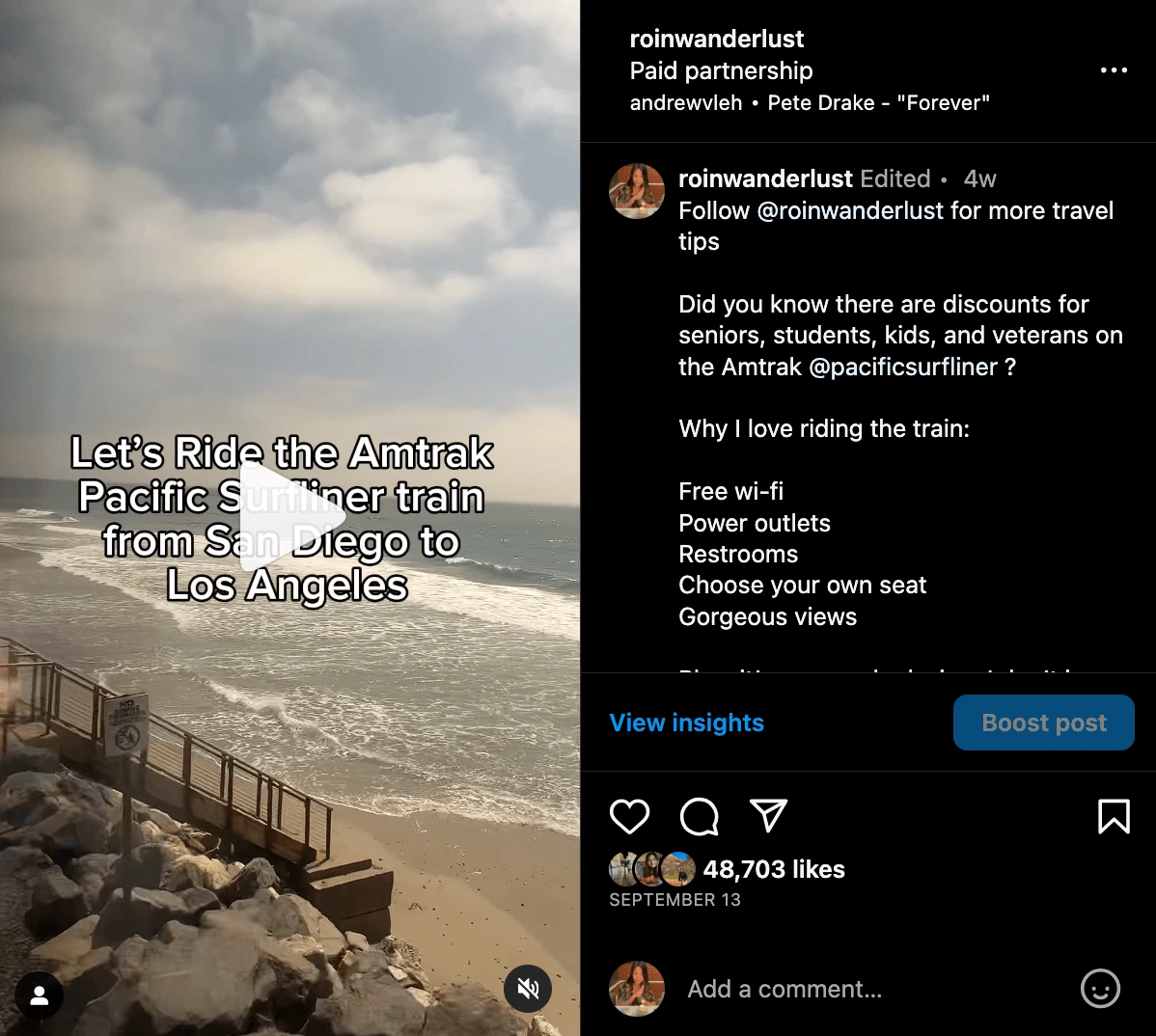 Screen shot from Instagram with cover of reel post, caption, and trending song.