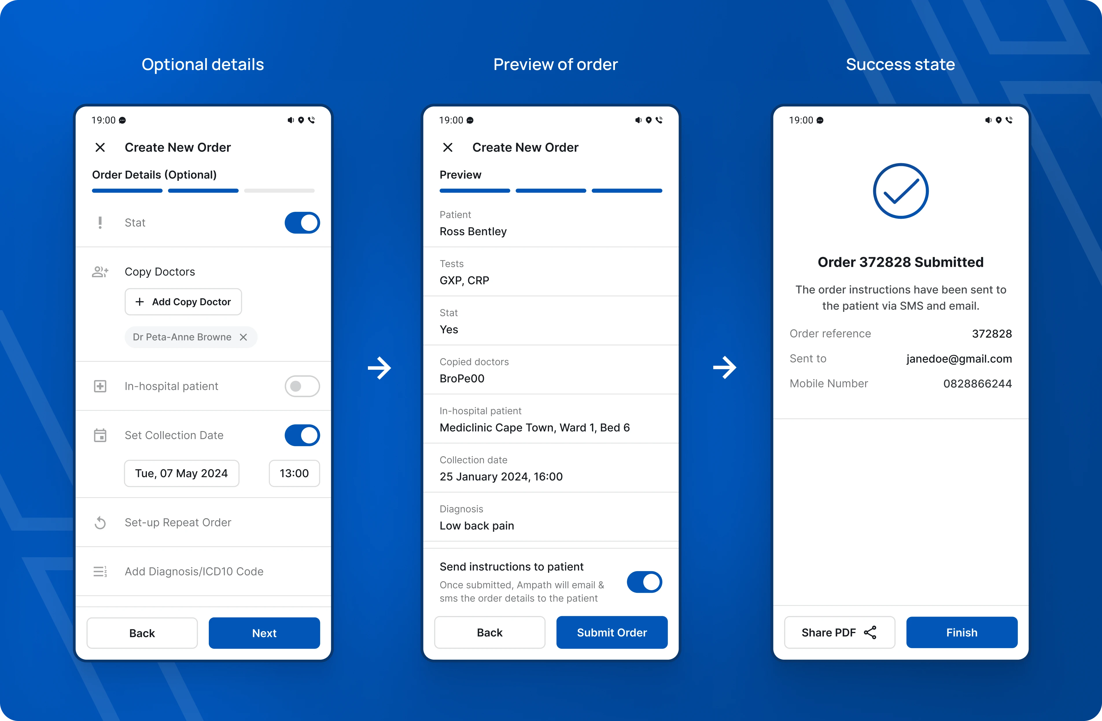 Optional details (easily skipped if not needed), preview and a clear success state that allows sharing of the order PDF that is generated.