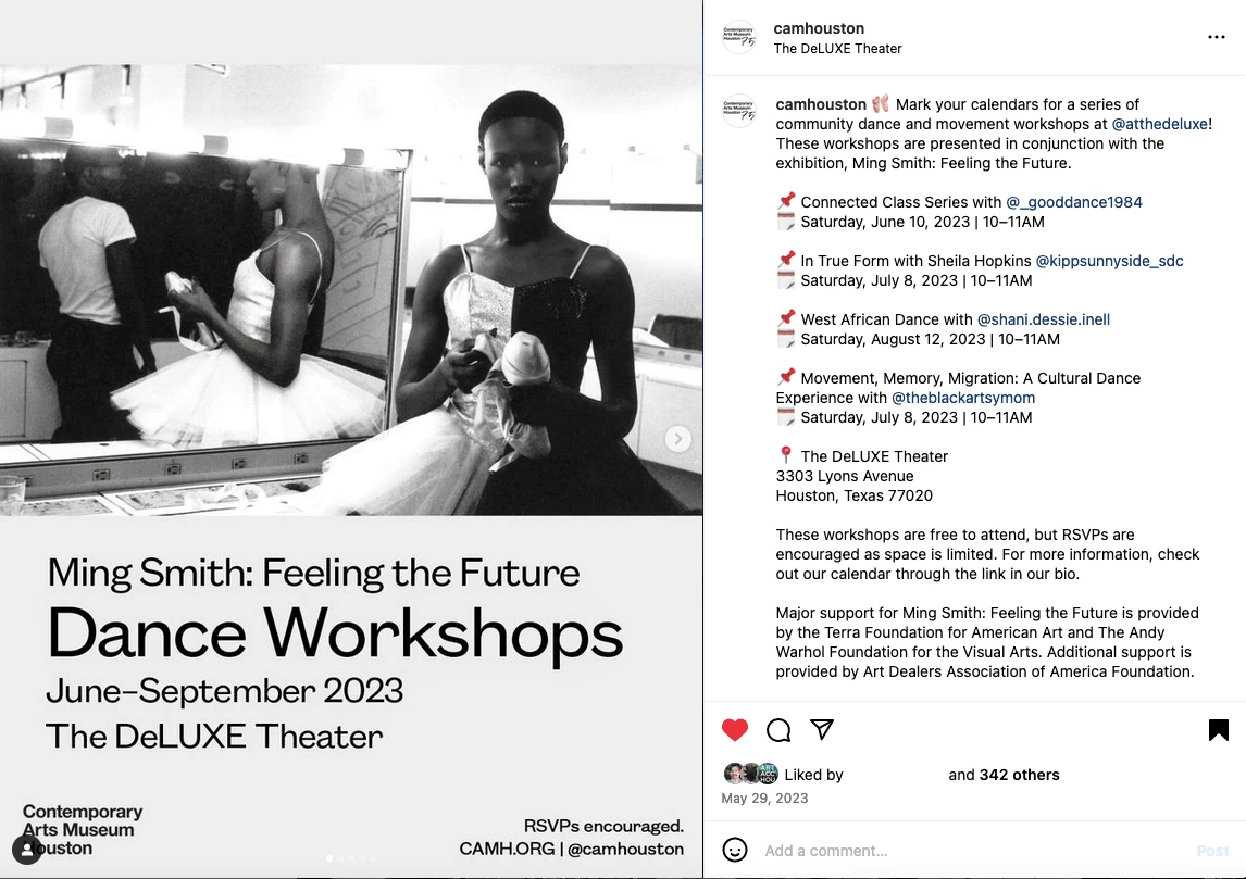 Announcement post for dance workshop series related to Ming Smith: Feeling the Future (May 29, 2023). Source image courtesy of Ming Smith Studio. Flyer design and copy by Victoria Nguyen.