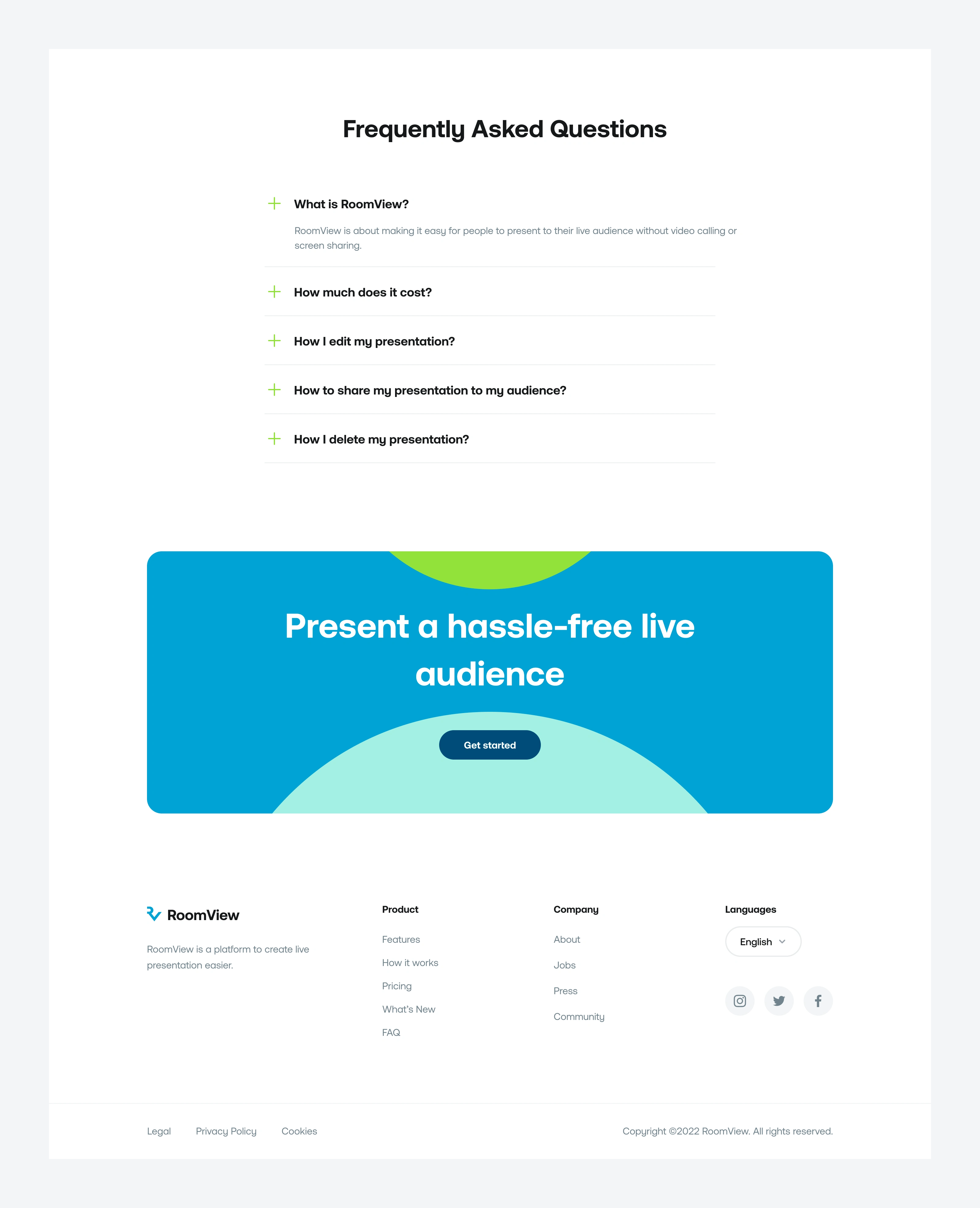 RoomView.io FAQ, CTA & Footer