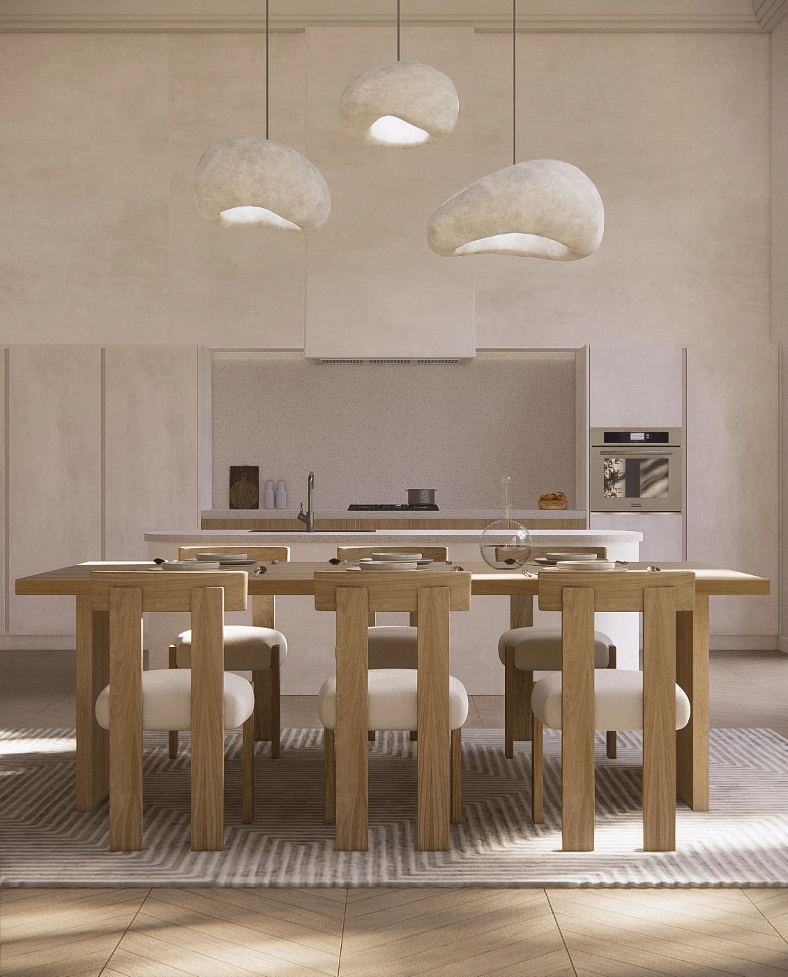  featuring Khmara Trio Lamp suspended over the wooden dining table