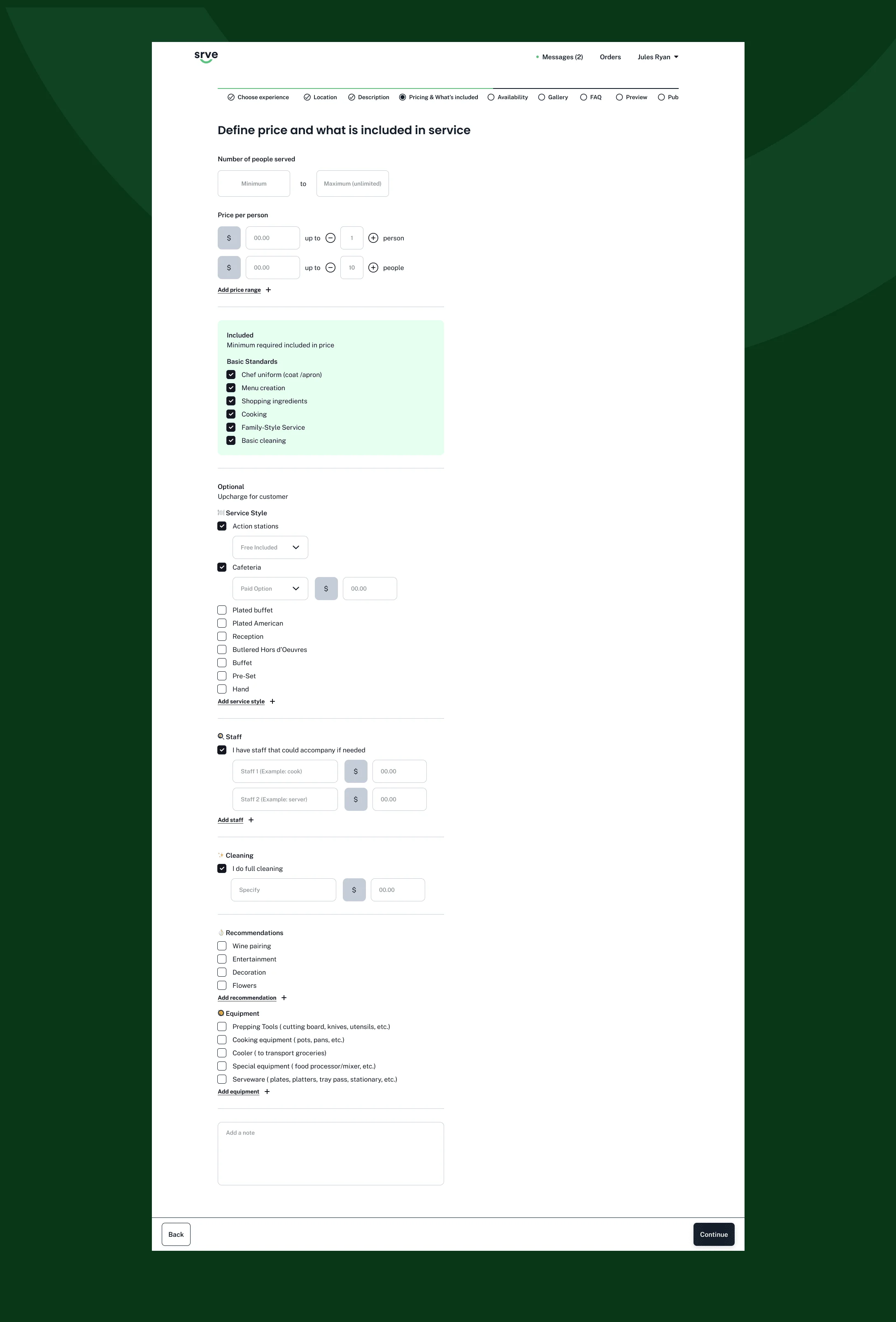 Pricing configuration of the service