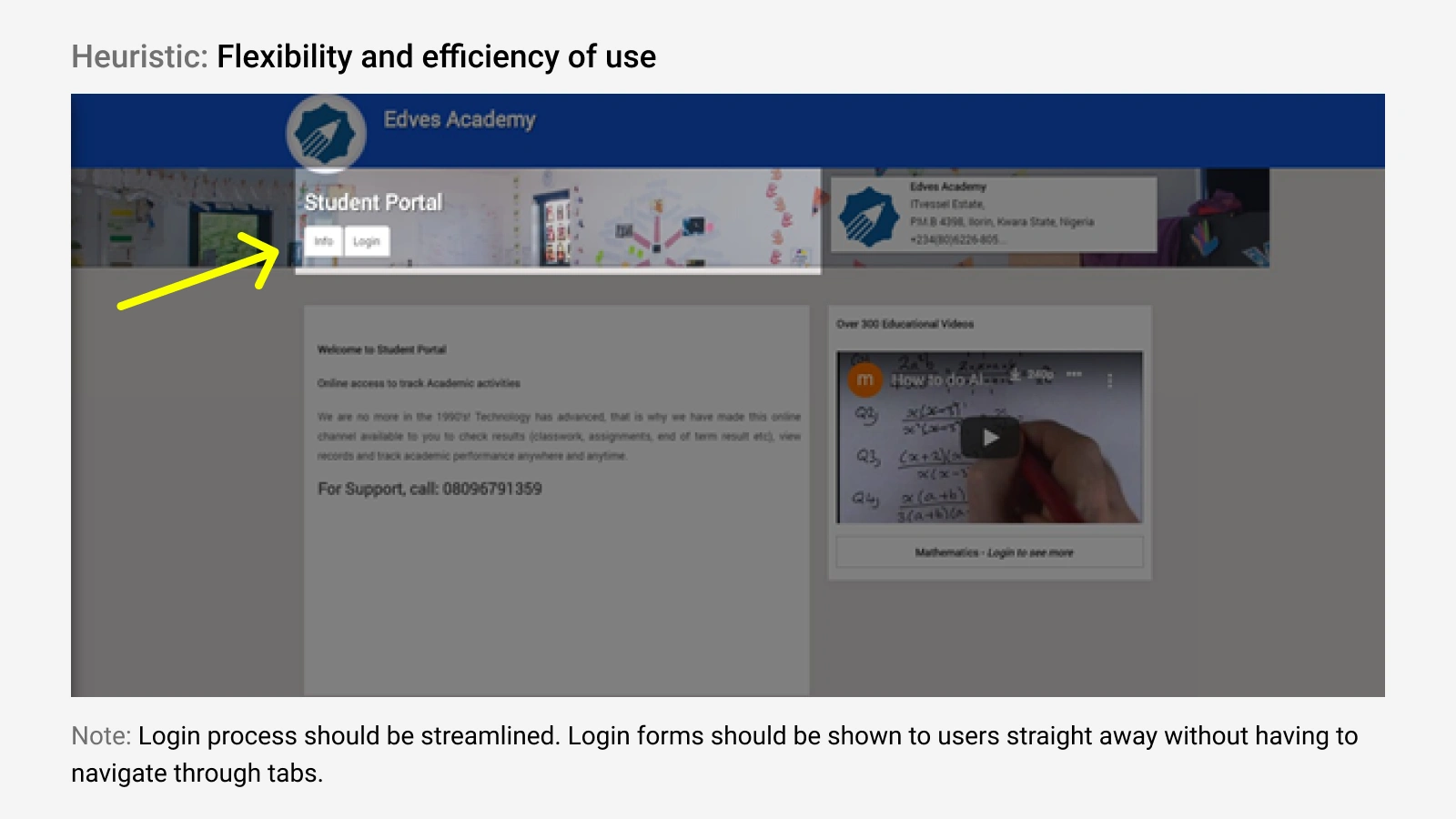 Heuristic evaluation of the student portal login page with a note suggesting an opportunity for improvement