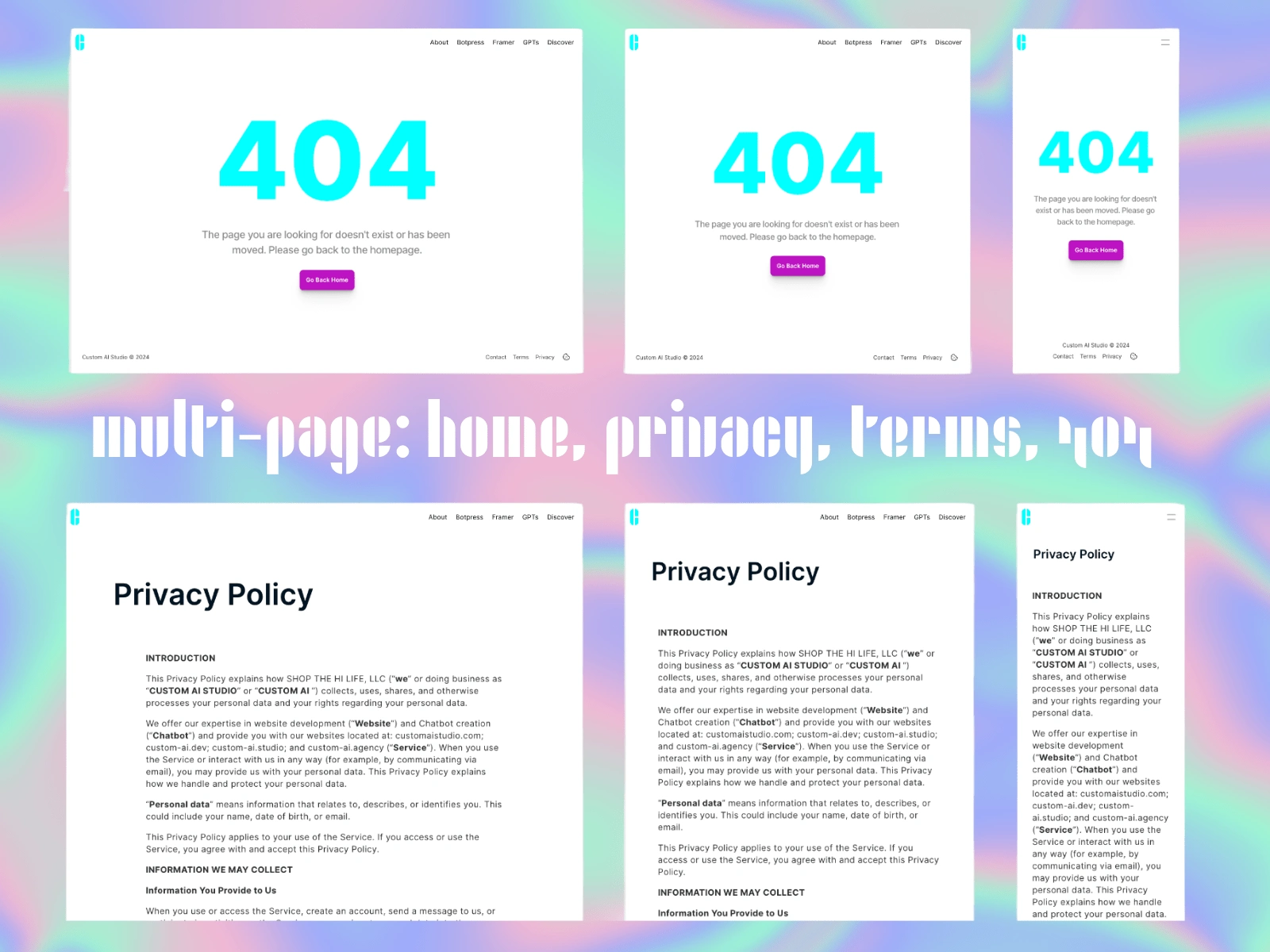 Multi-page responsive breakpoints for 404 page and Privacy policy samples.