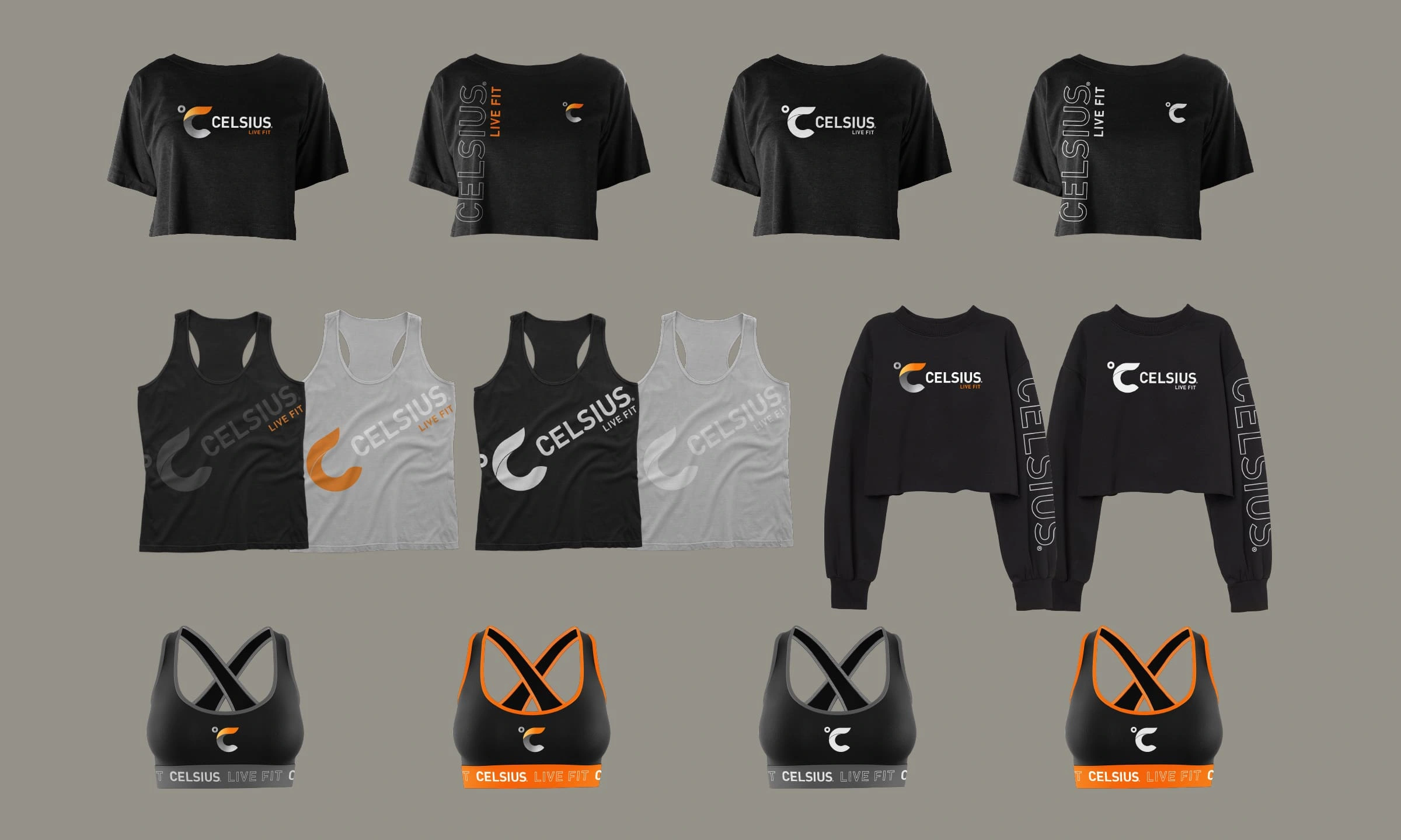 A dynamic collection of Celsius crop tees, tanks, and sports bras showcasing bold branding and modern typography, perfect for active lifestyles.