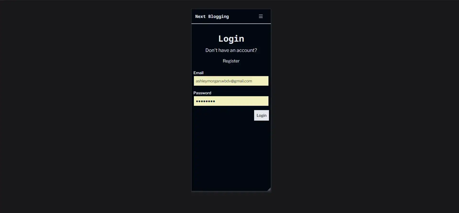 Dark mode mobile login screen