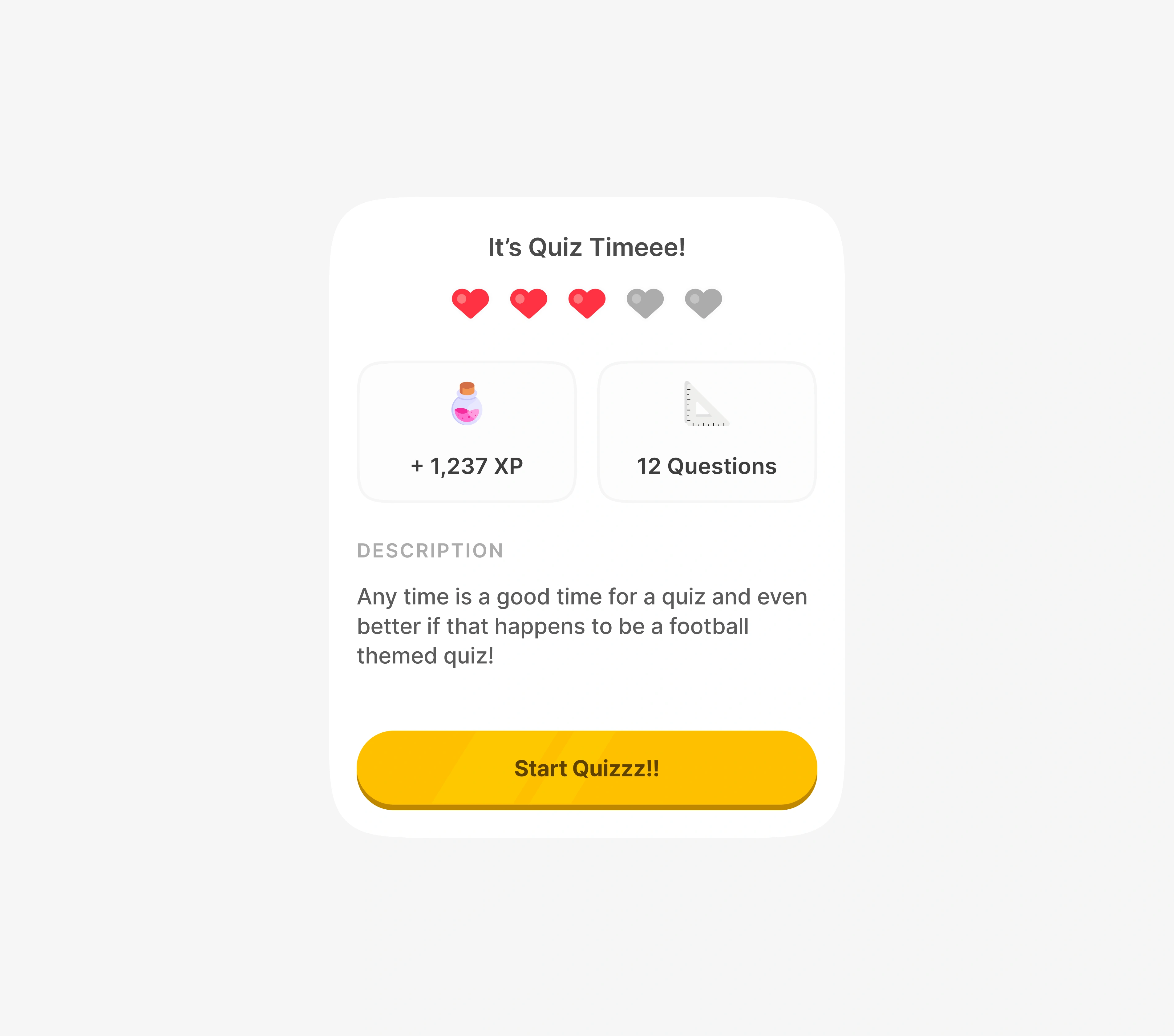 A prompt displaying the user’s current heart points, the XP they can earn, and the total number of questions in the quiz.