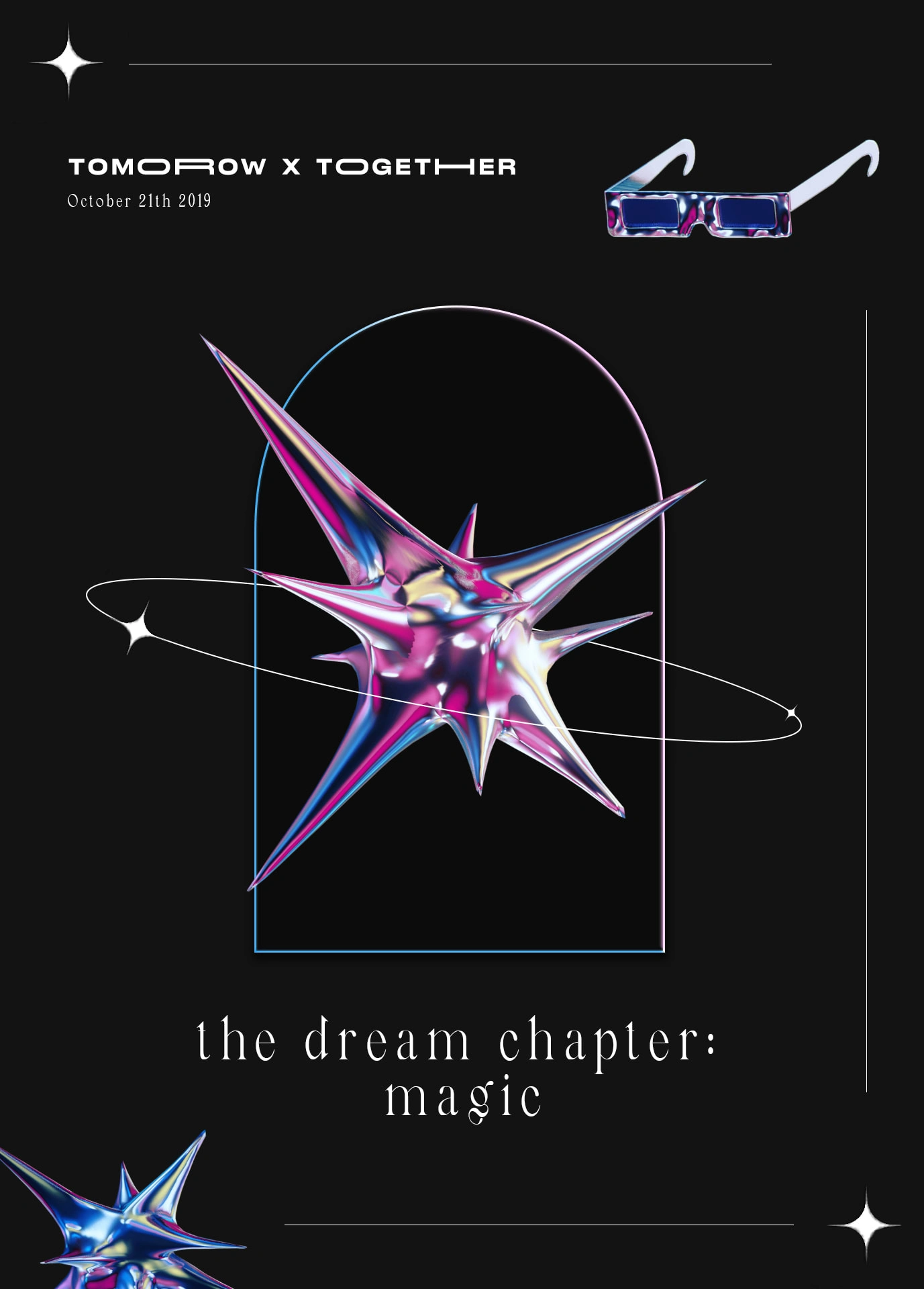 Recreation of the album cover "The Dream Chapter: Magic" by TOMORROW X TOGETHER alongside the glasses present in the Music Video of the main track "Run Away".