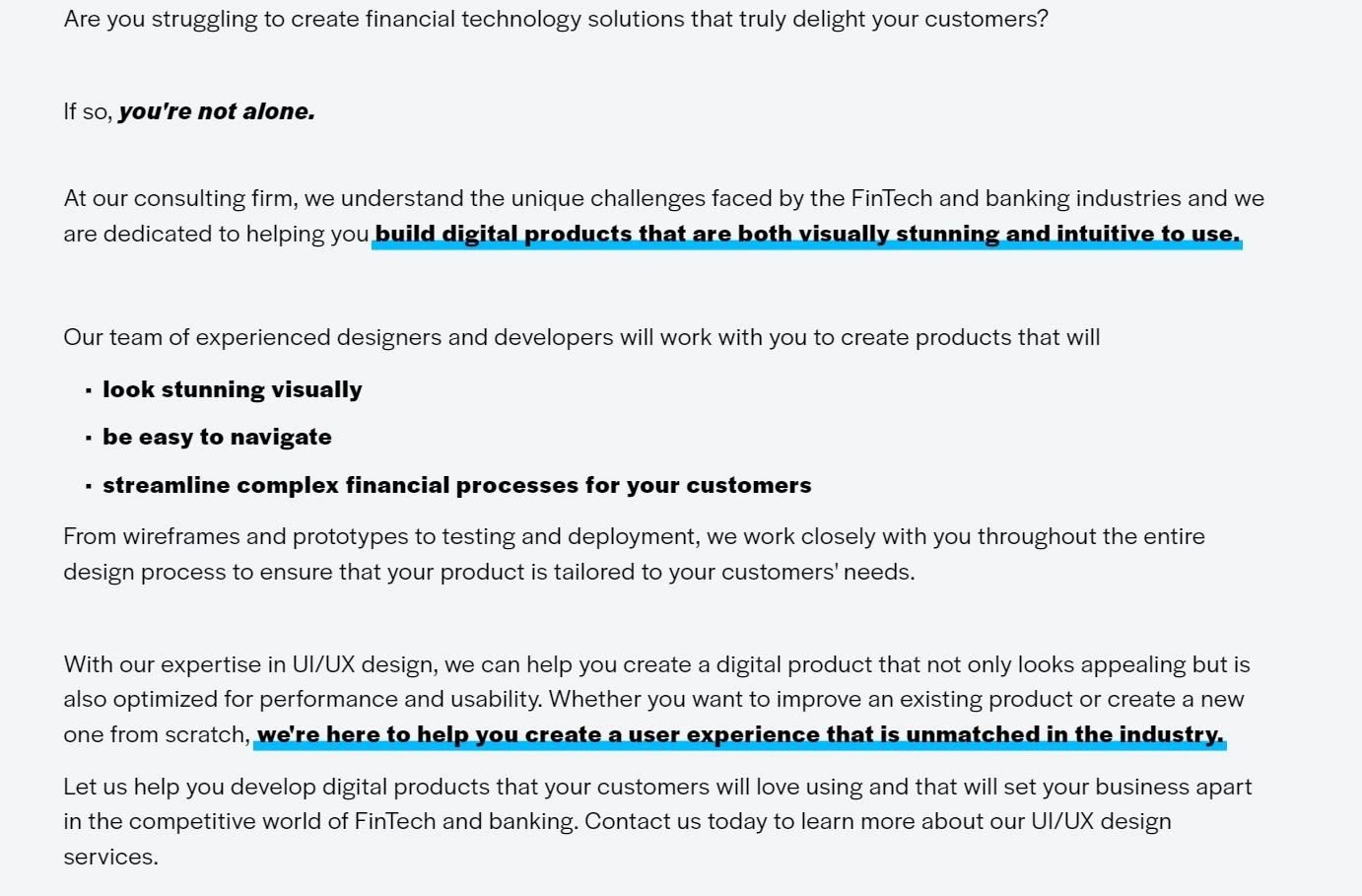 Copy visualization for the service page