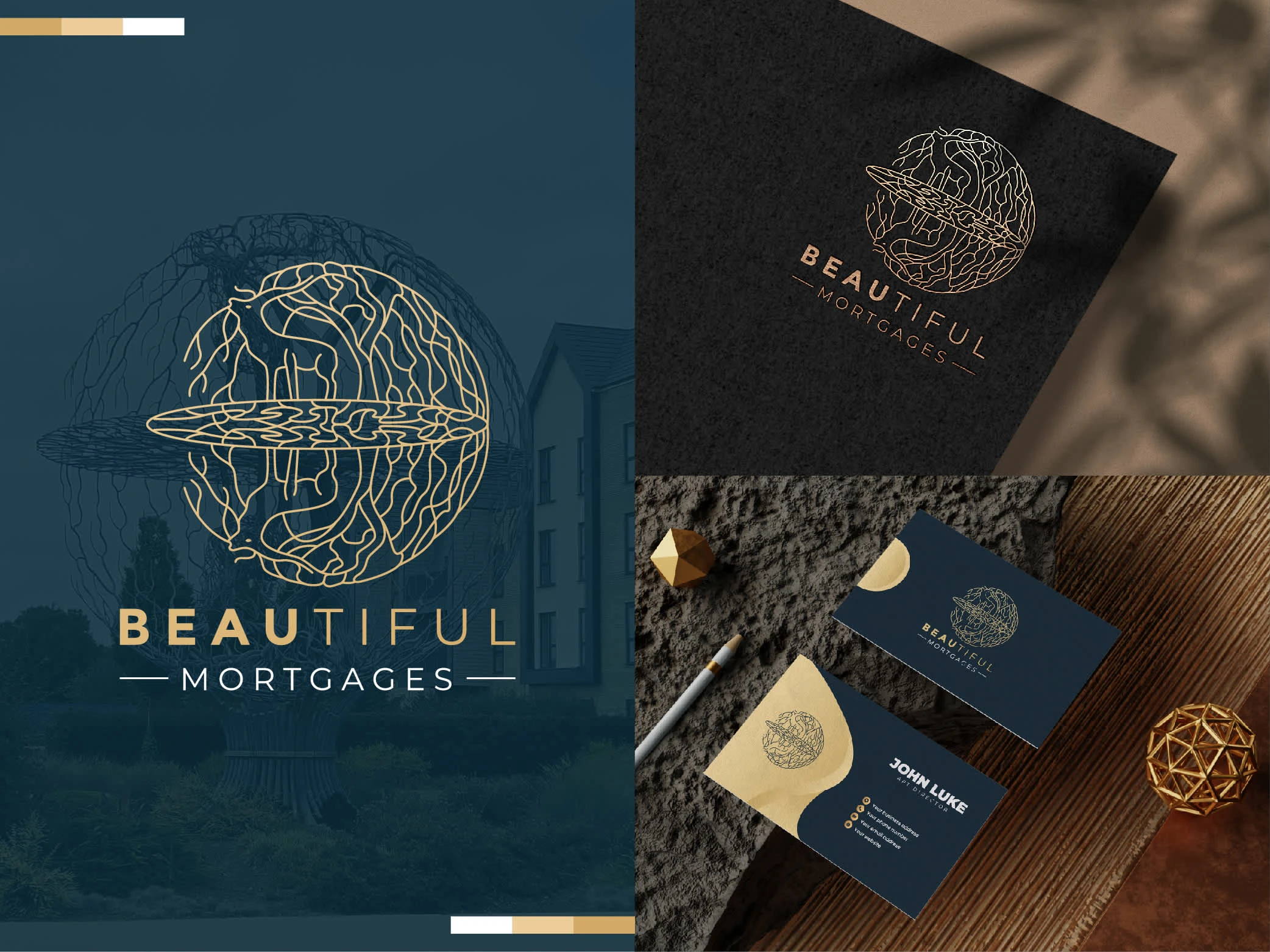 For Beautiful Mortgages, I have created a refined gold-toned logo featuring a sphere with a mirrored reindeer, along with a design showcasing a reindeer with hooves extending into a tree branch. Each design will embody elegance and luxury, reflecting your brand’s sophisticated image.