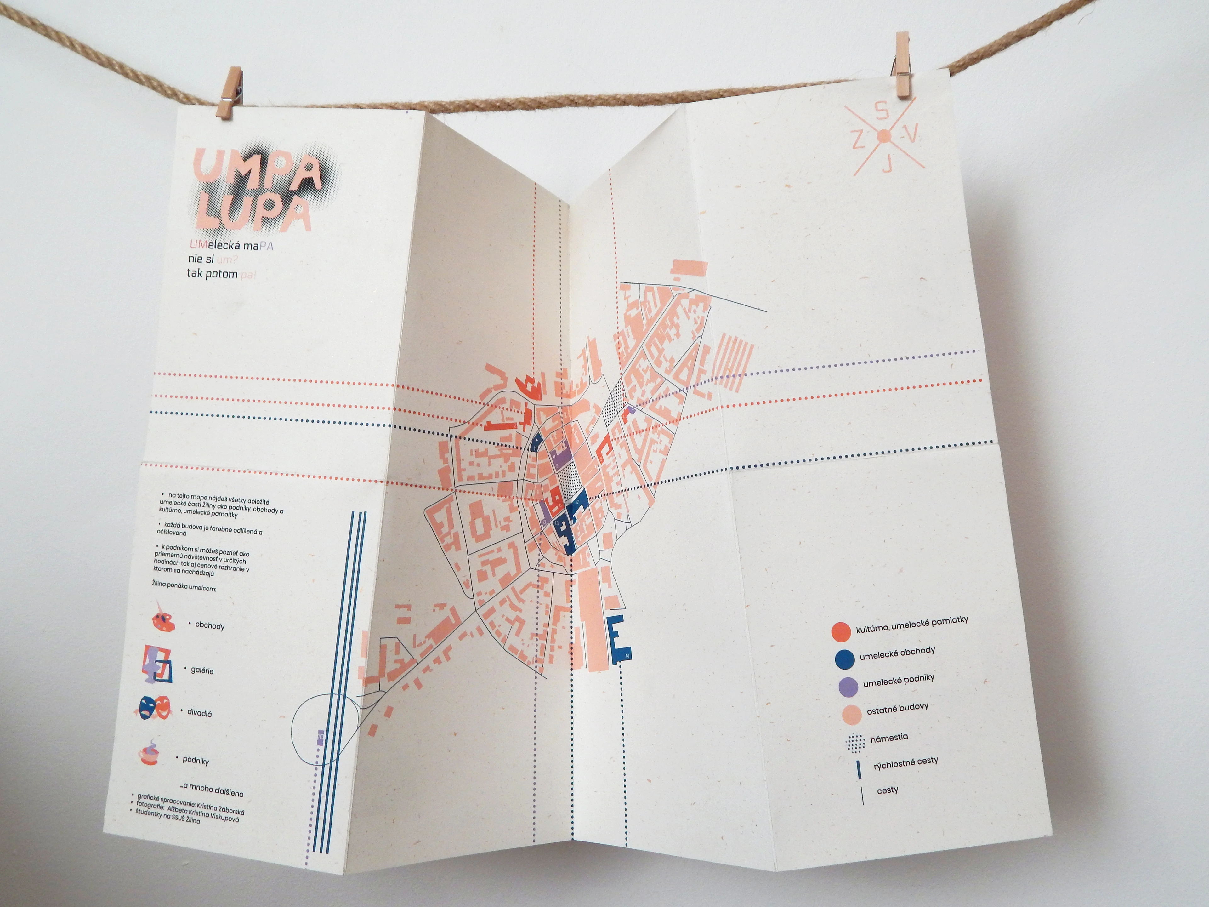 Main First Page of the Map
The front side of the UmPa Lupa map serves as the visual and functional centerpiece. Its bold design features a halftone and dot concept, symbolizing the connection between artistic spaces and their mutual influence. Categories are intuitively color-coded: turquoise for art stores and supplies, orange for galleries and exhibitions, purple for cafés and bars that foster artistic collaborations, and beige building with strong history and culture in art industry. Symbols designed with clarity and creativity guide users effortlessly.