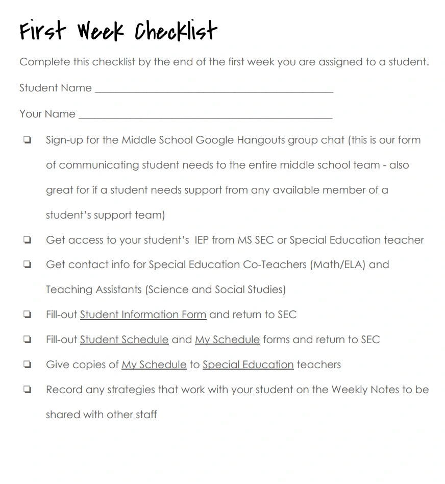 A checklist for using the manual the first week of school.