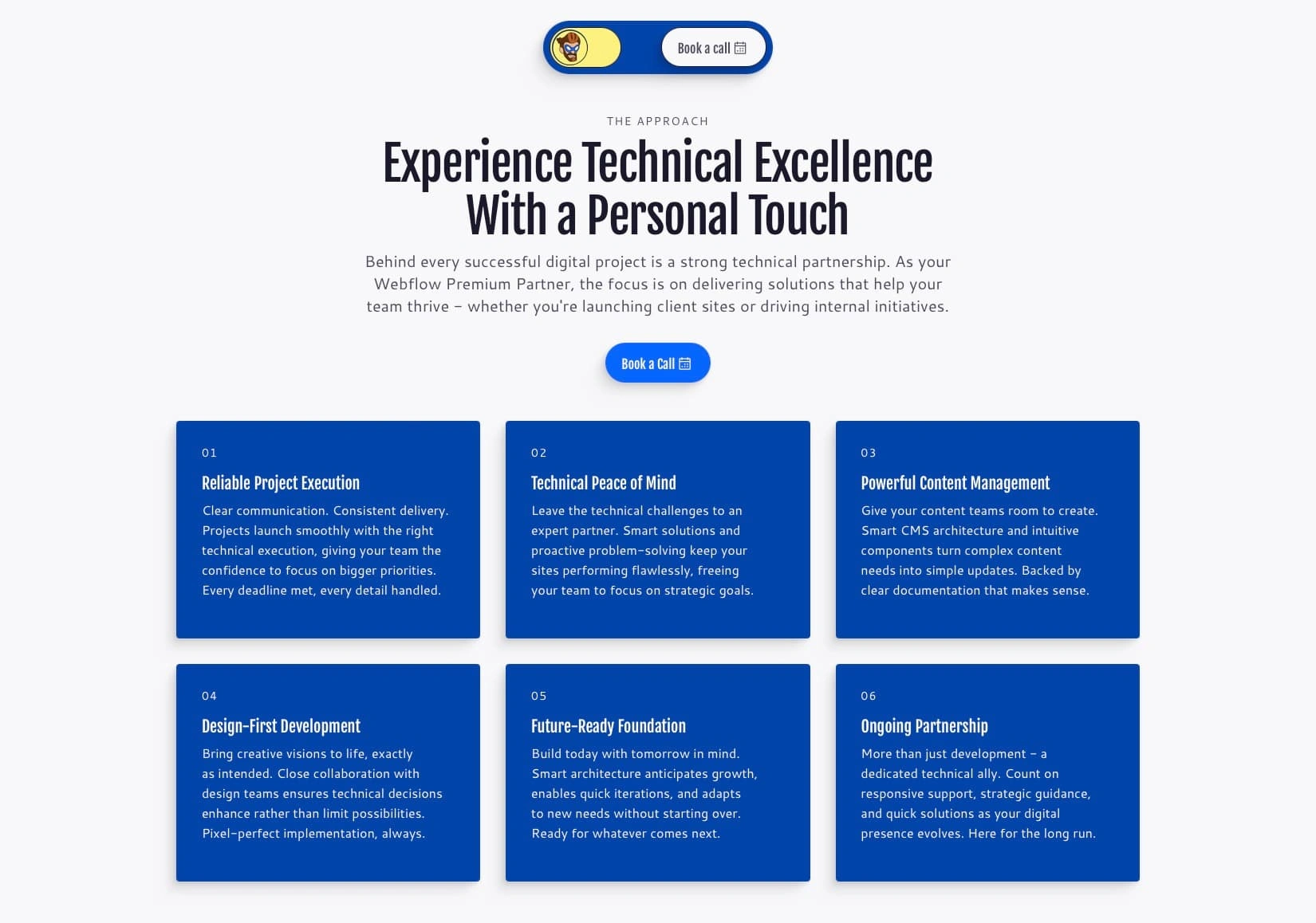 Service cards presenting the six core pillars of technical partnership, each with clear value propositions