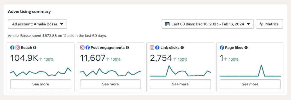 My advertising summary for both Instagram and Facebook in the last 60 days