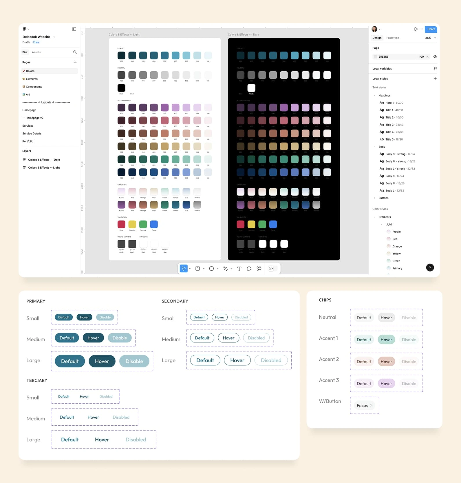 The design system showing color palettes and some UI elements