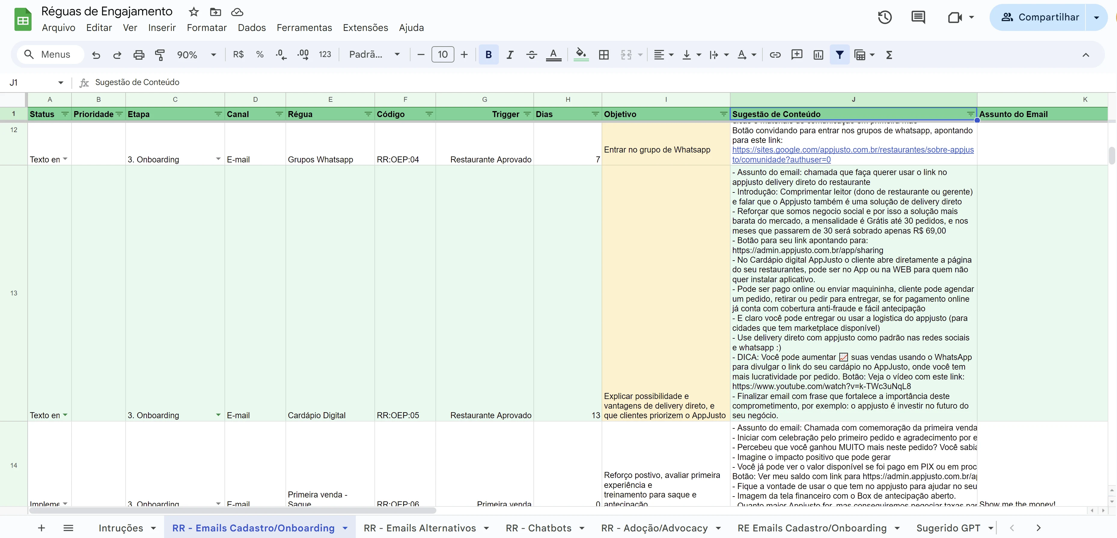 Spreadsheet containing information with content and email personalization data (Google Sheets)