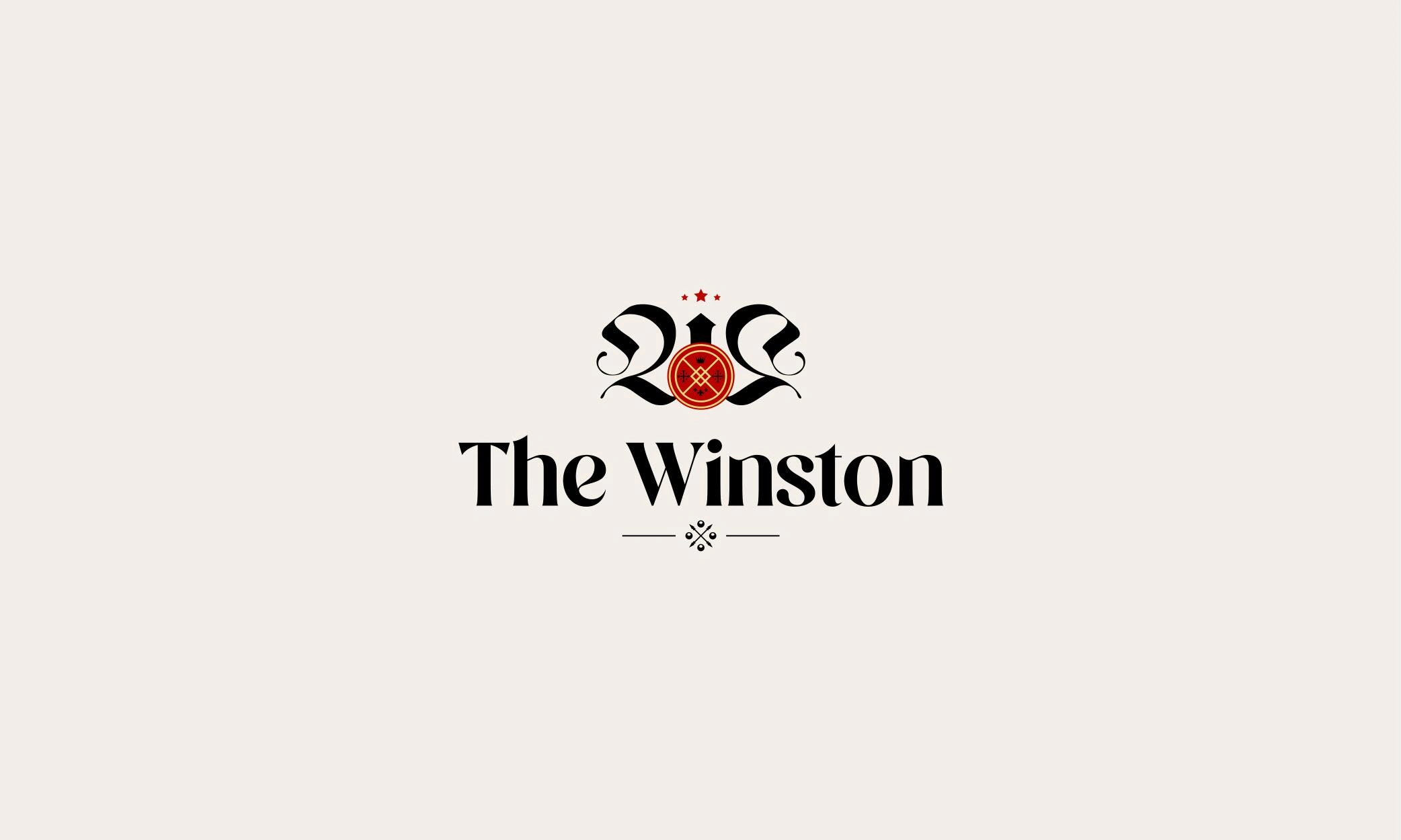 The logo of The Winston, set on a cream background. The logo is a combination of a geometrical emblem and logotype, which evokes the architectural ambience of Art Deco and hints at the word "W" from Winston.