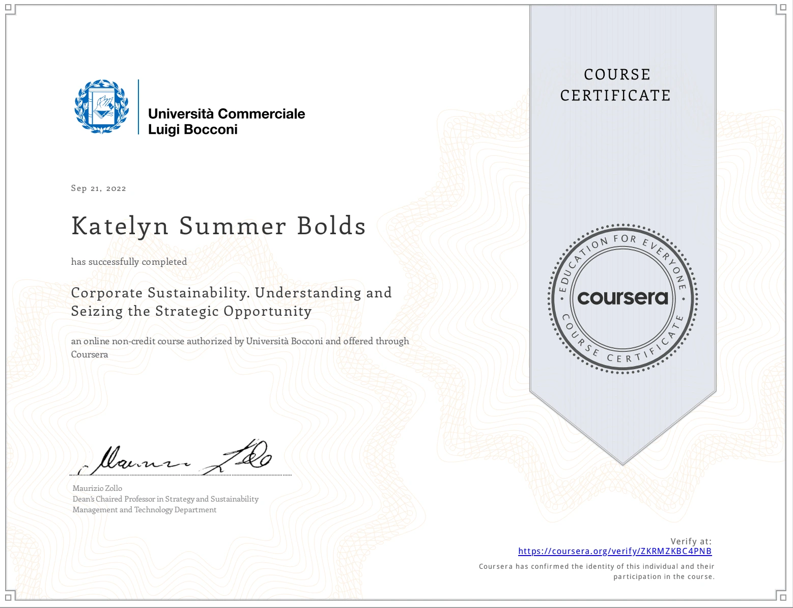 Coursera Corporate Sustainability Certificate