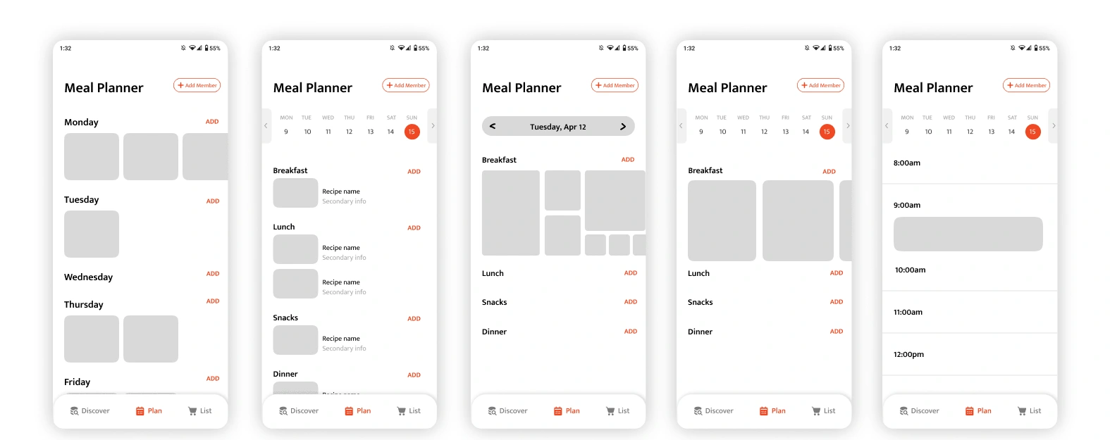 Ideations for layout of meal plan screen