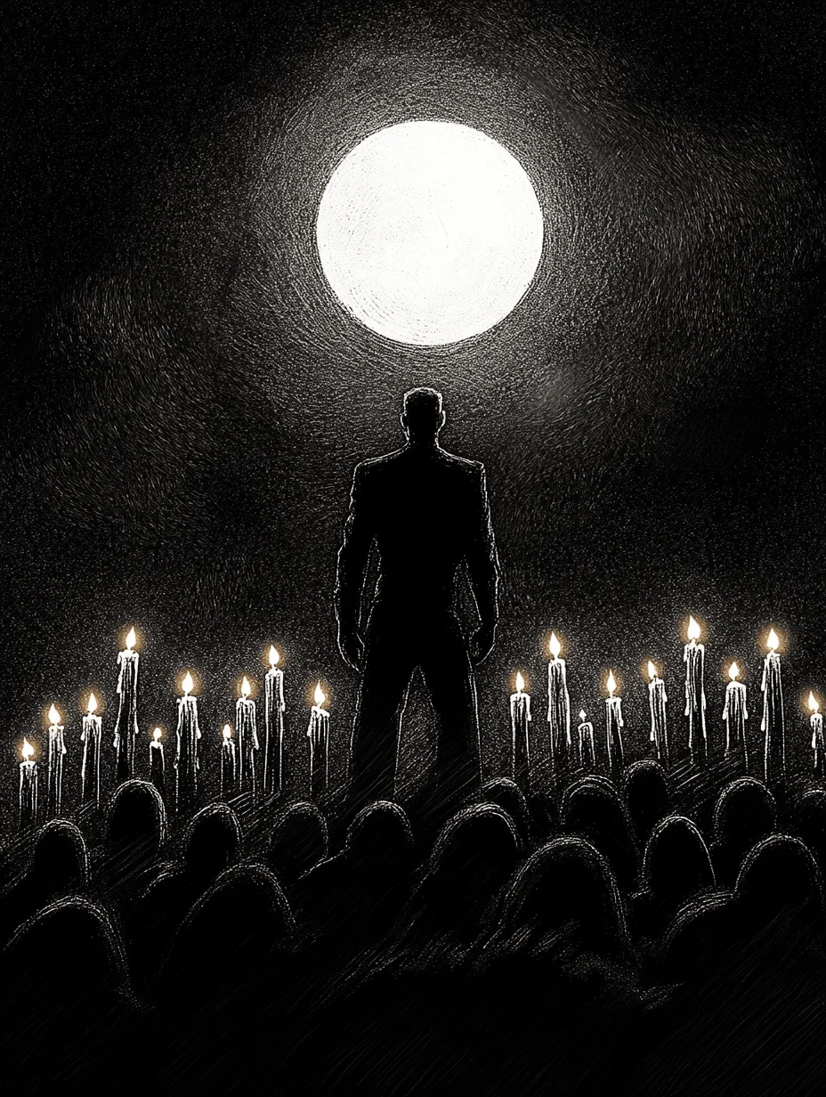 Illustration of a man standing in front of a full moon.