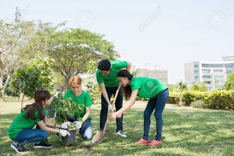 Group of young Asian people planted a tree in the park. Asian students planting trees in park (123RF Photos)