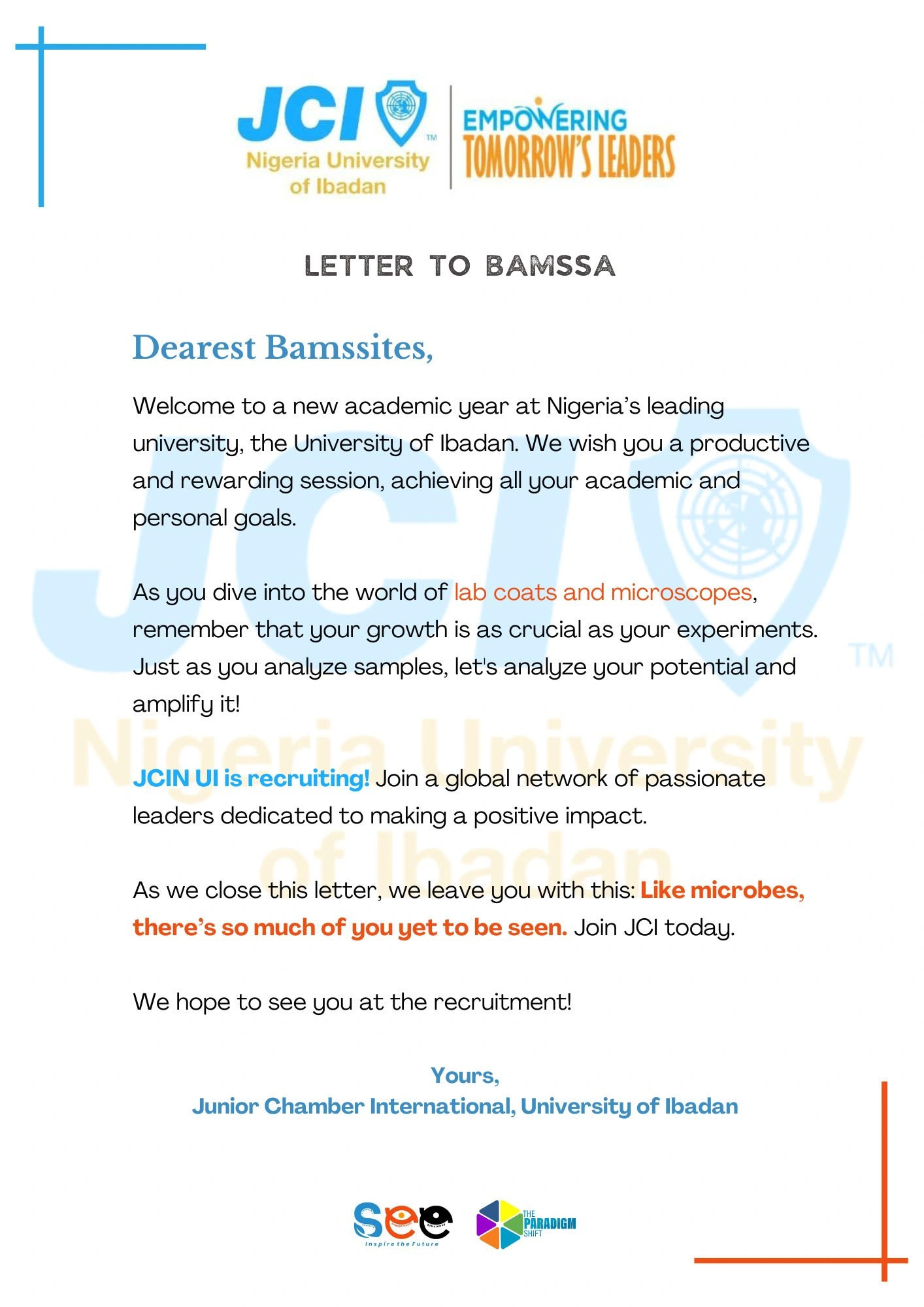 Letter to Faculty of Basic Medical Sciences