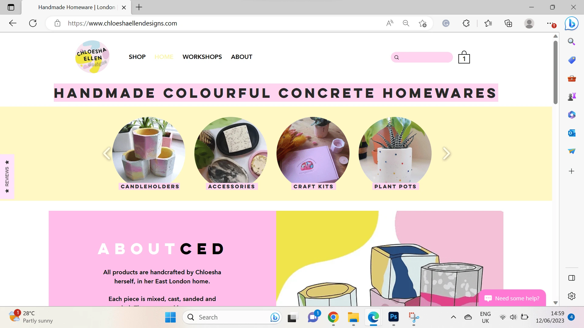 Landing page - splashes of brand colours, clear heading of what they sell and a spotlight of the product range on offer