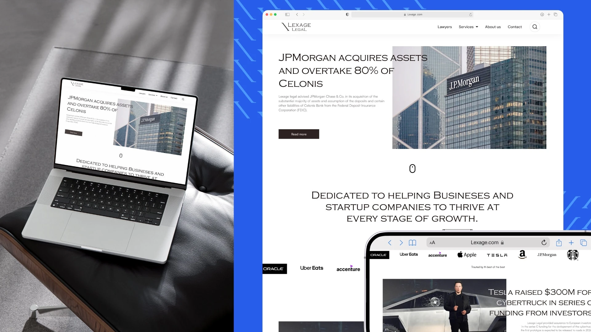 Displayed above is a straightforward landing page created for Lexage Legal. It includes segments dedicated to showcasing recent developments and news related to the firm, alongside information about the firm's offices and achievements.