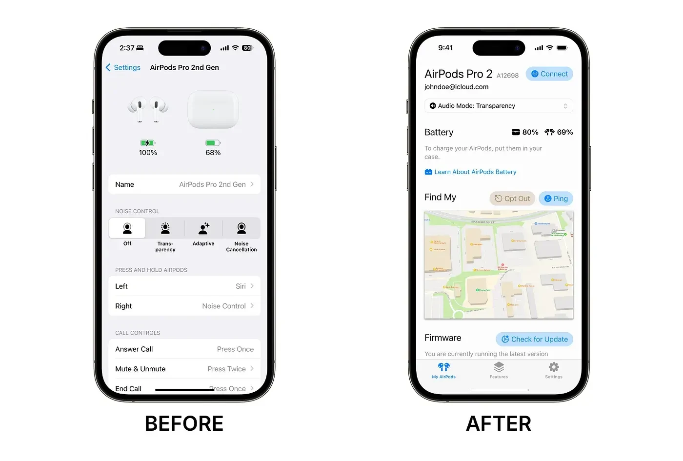 Before & After screenshot of the AirPods configuration UI on an iPhone 15 Pro.