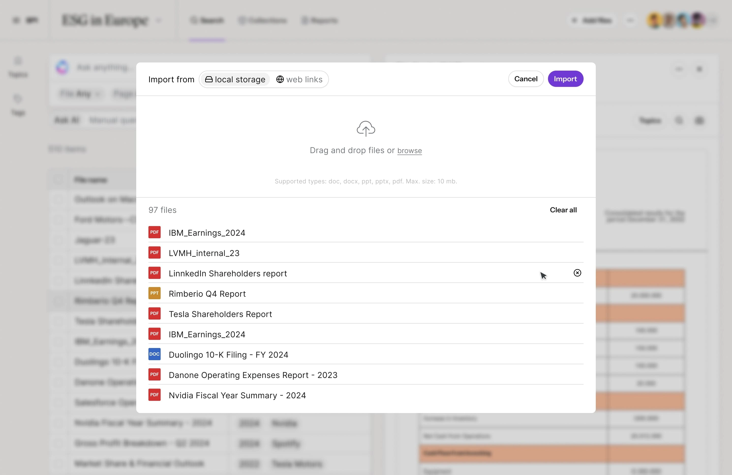 Document import modal - upload from your device or import from web links