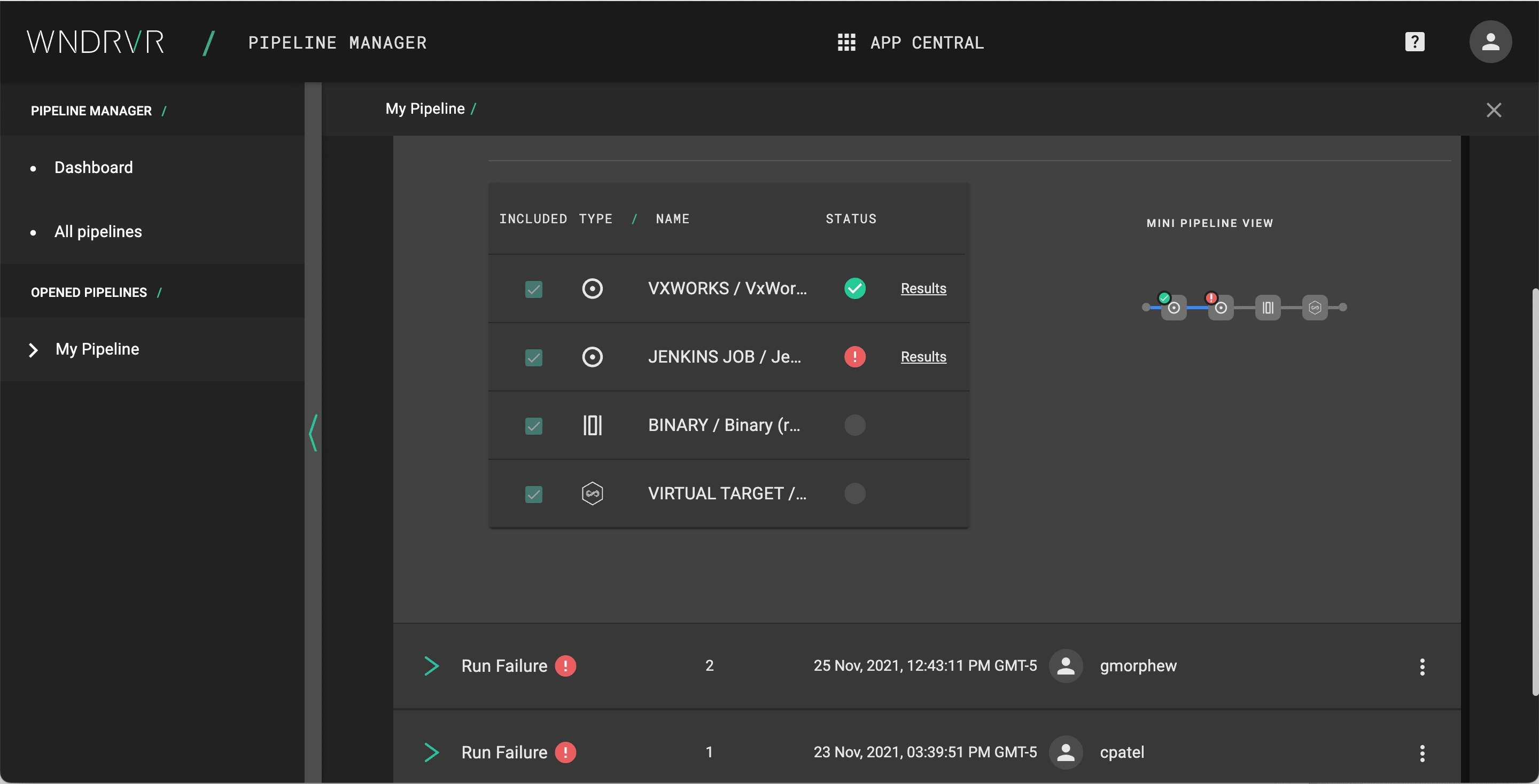 Detailed results for each pipeline run