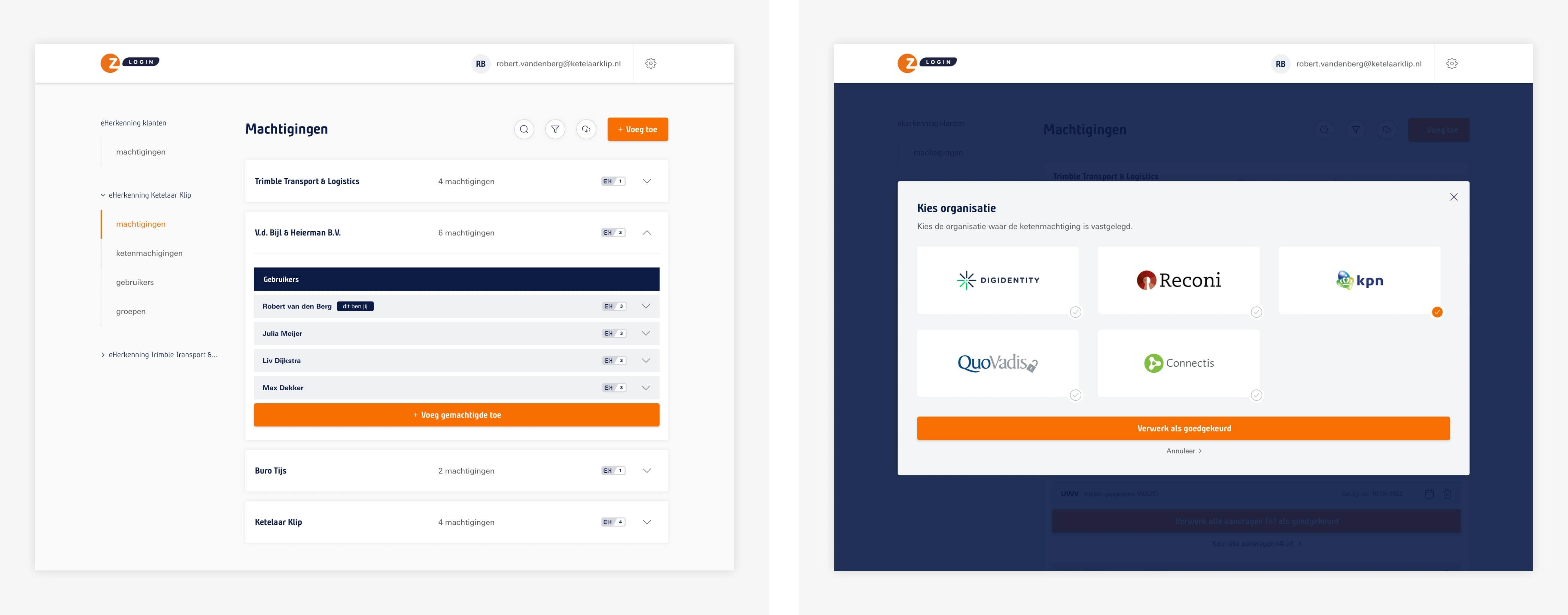 Left: The final visual design for the authorizations overview. / Right: The final visual design for selecting organizations.