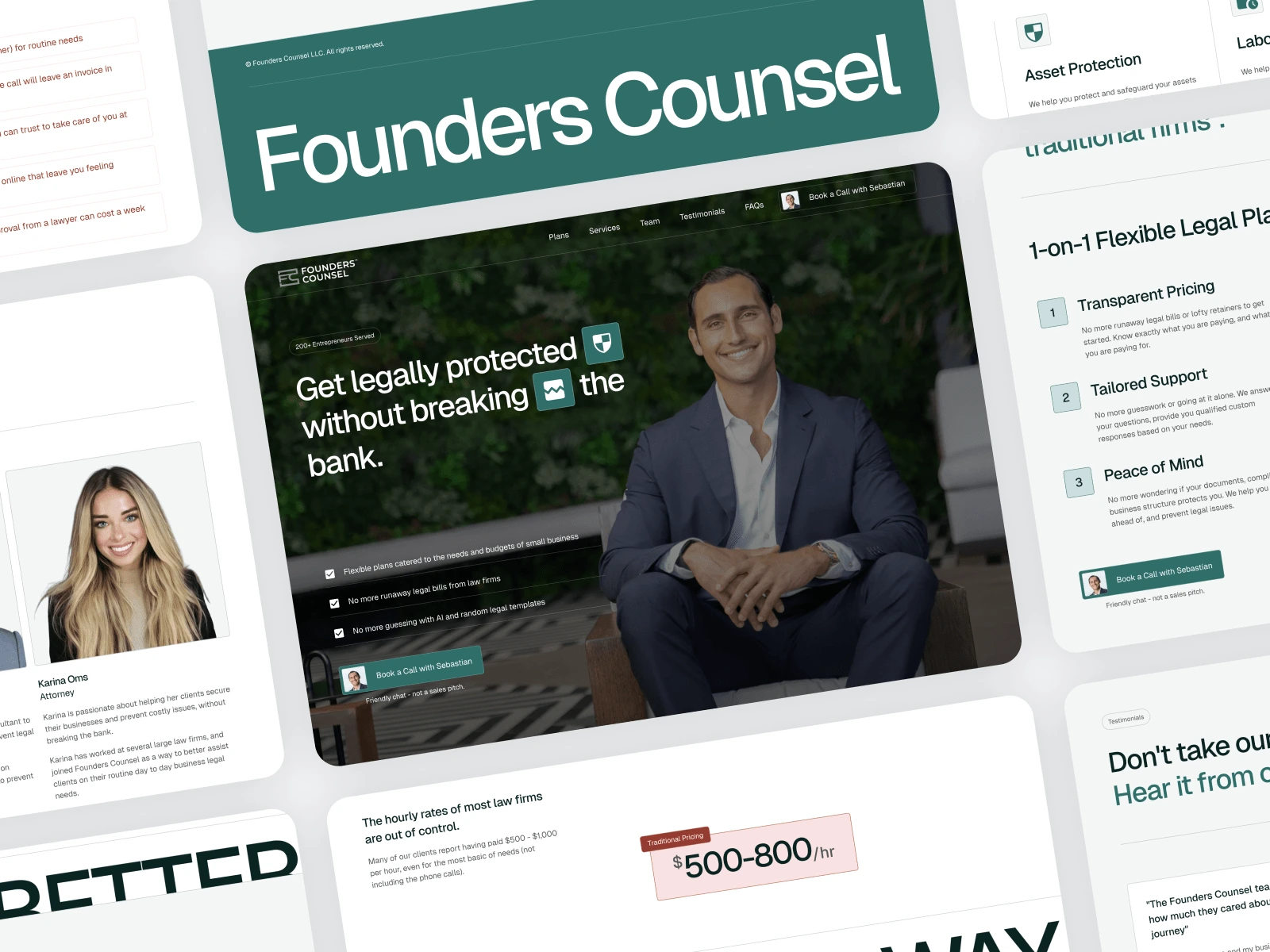 Screenshots of the live Founders Counsel website