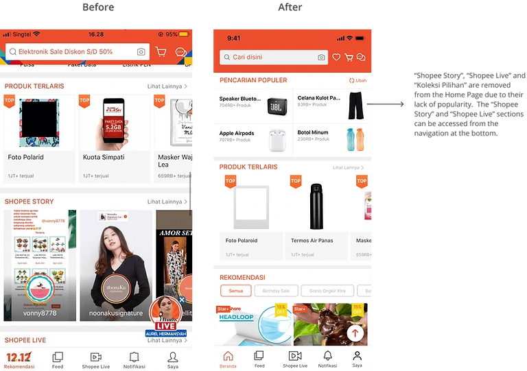 Shopee Home page before and after