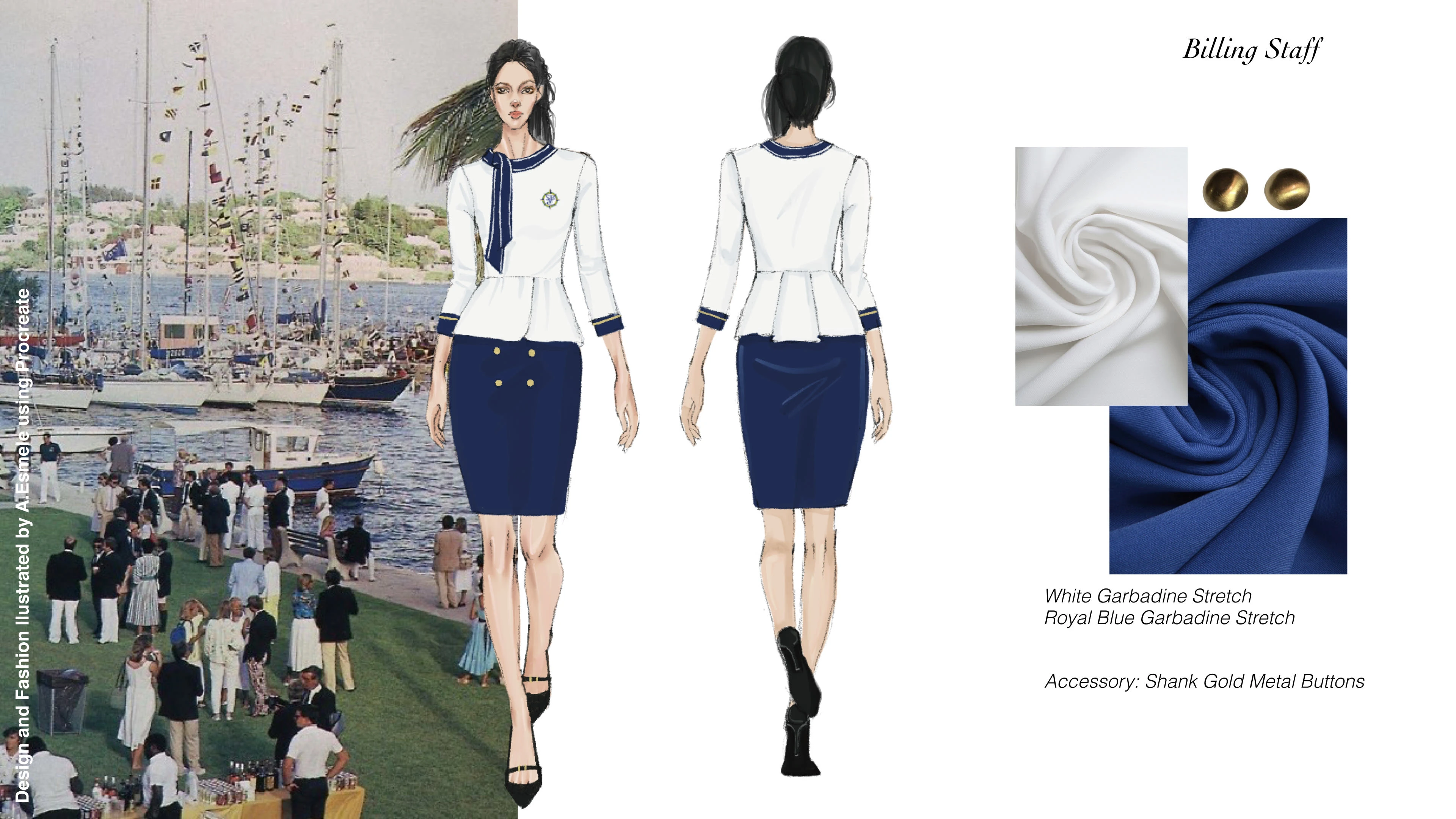 Mixed to their previous color palette by incorporating gold piping on the cuff and shank gold metal buttons on the skirt. More detail in their uniform than the Back Office-- Accounting Staff as part of the front liners that assist members. 