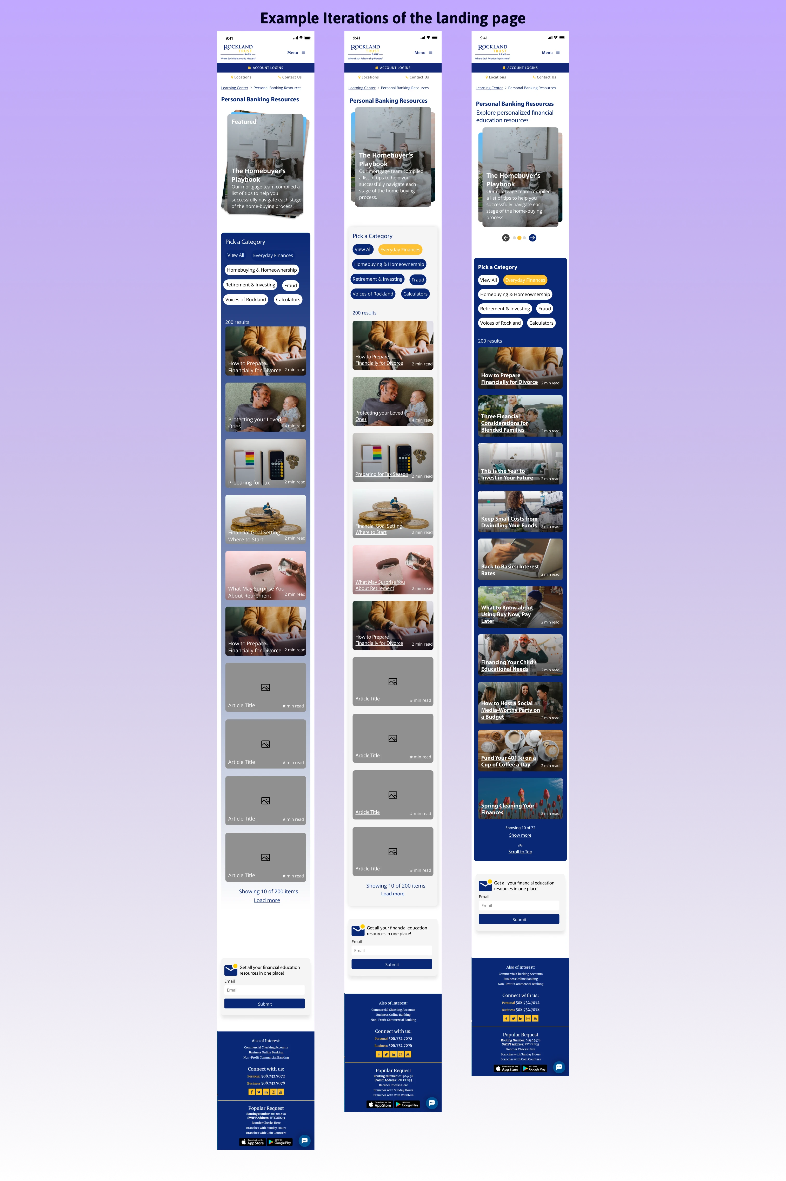 Mobile first iterations of the Learning Center landing page