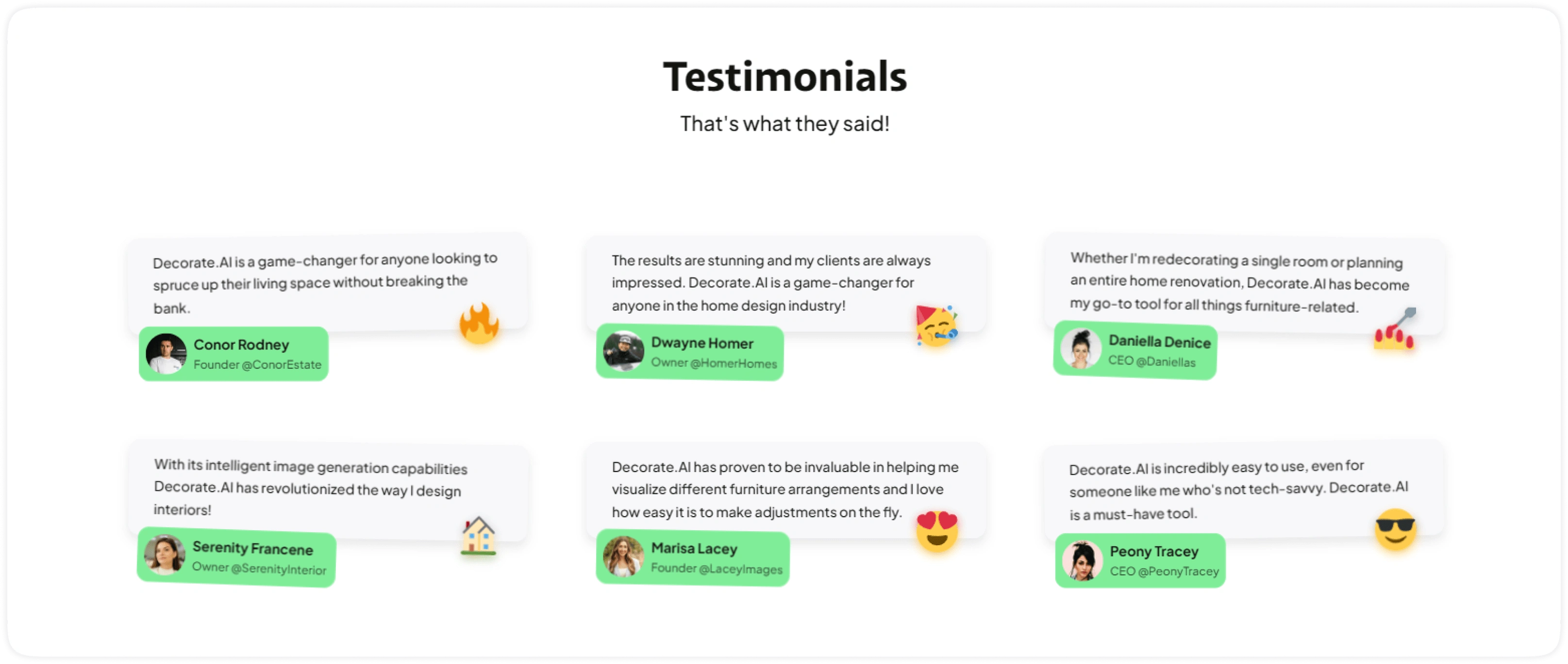 Testimonial cards that feature an emoji to represent the user's industry, adding a quick, visual cue for context.